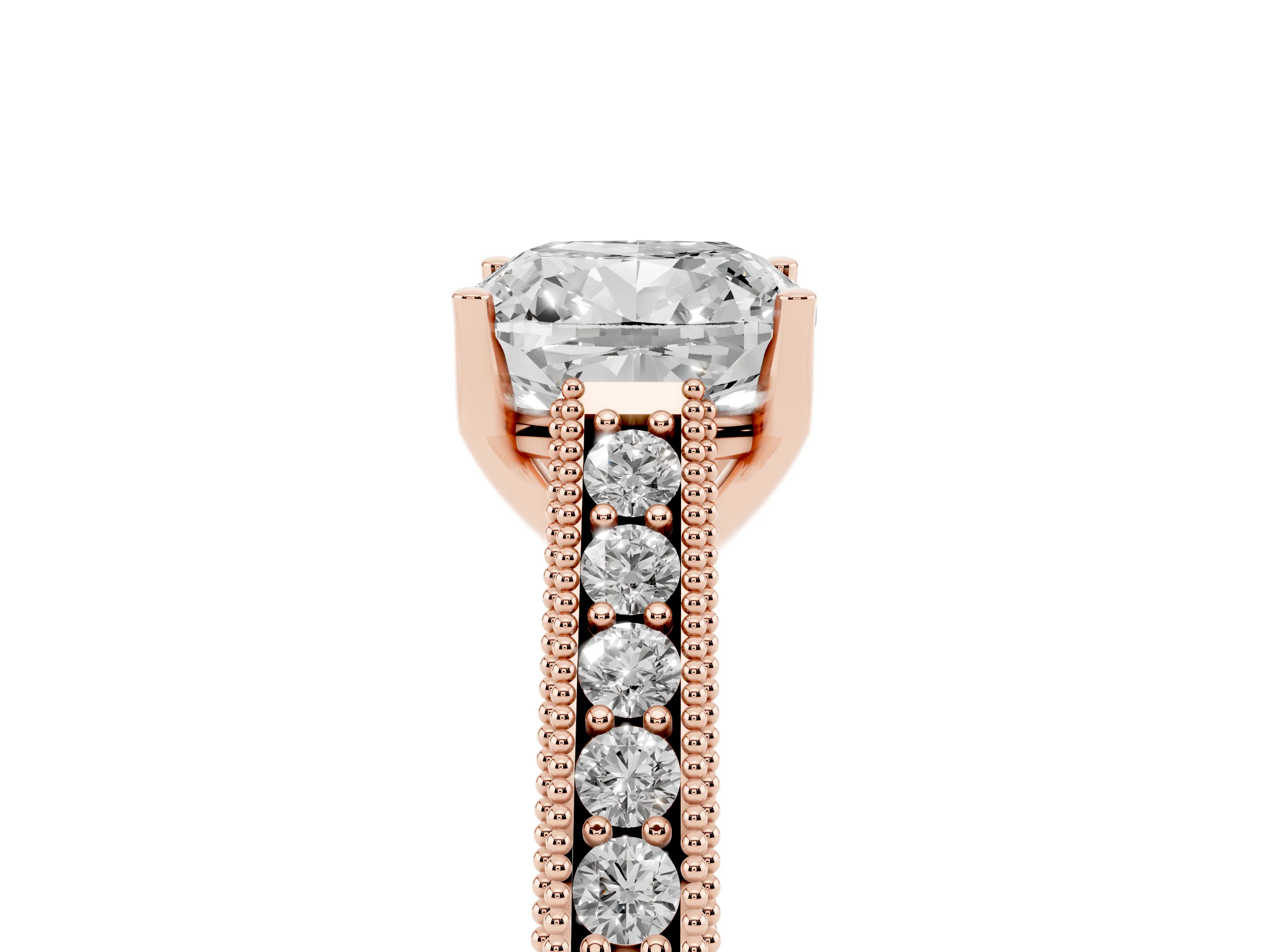 Cushion Cut Diamond Milgrain Pavé Band Solitaire Ring Set in Rose gold with Prong Setting