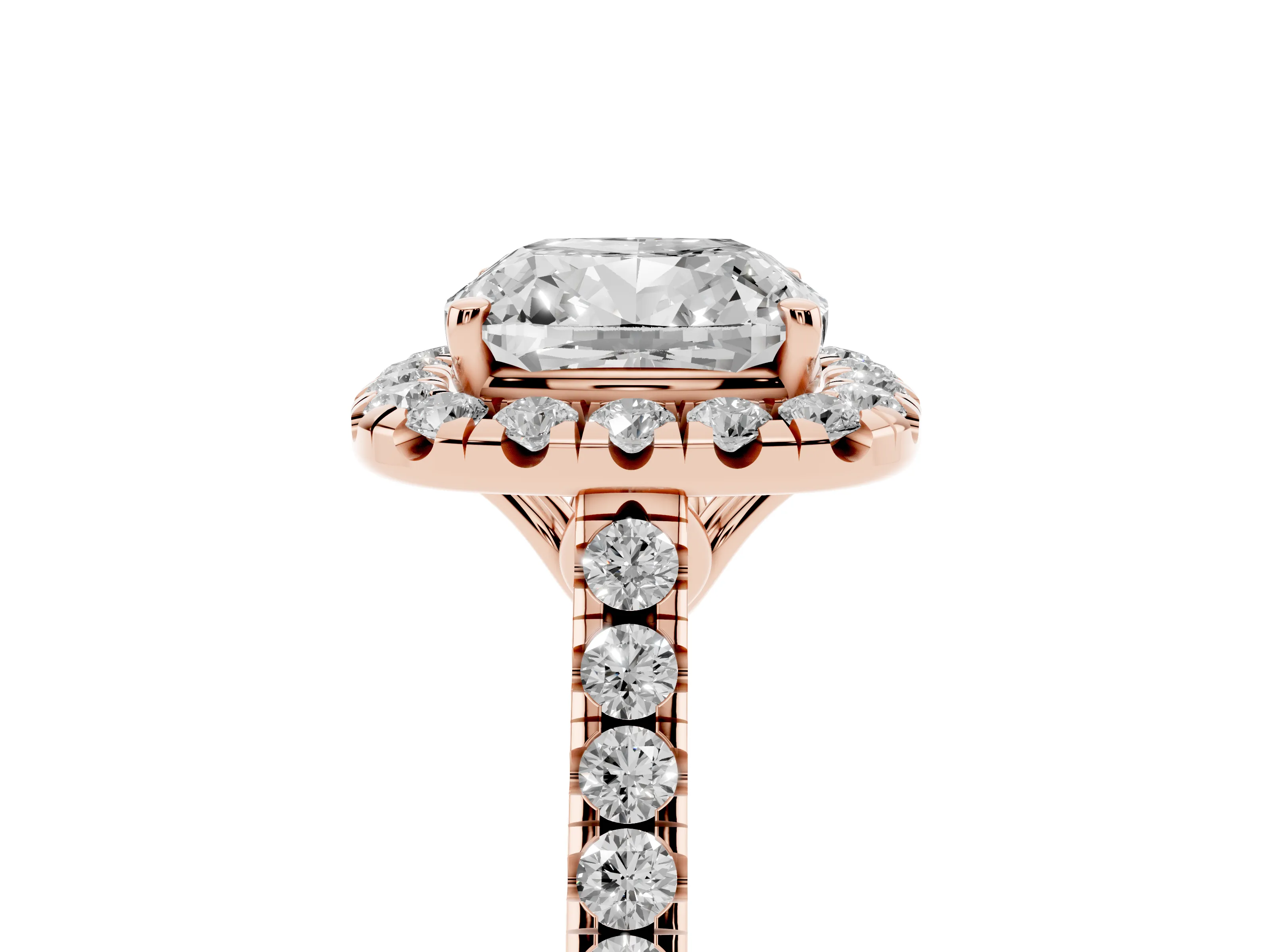 Cushion Cut Diamond Pavé Halo Engagement Ring Set in Rose gold with Pavé Band and Prong Setting