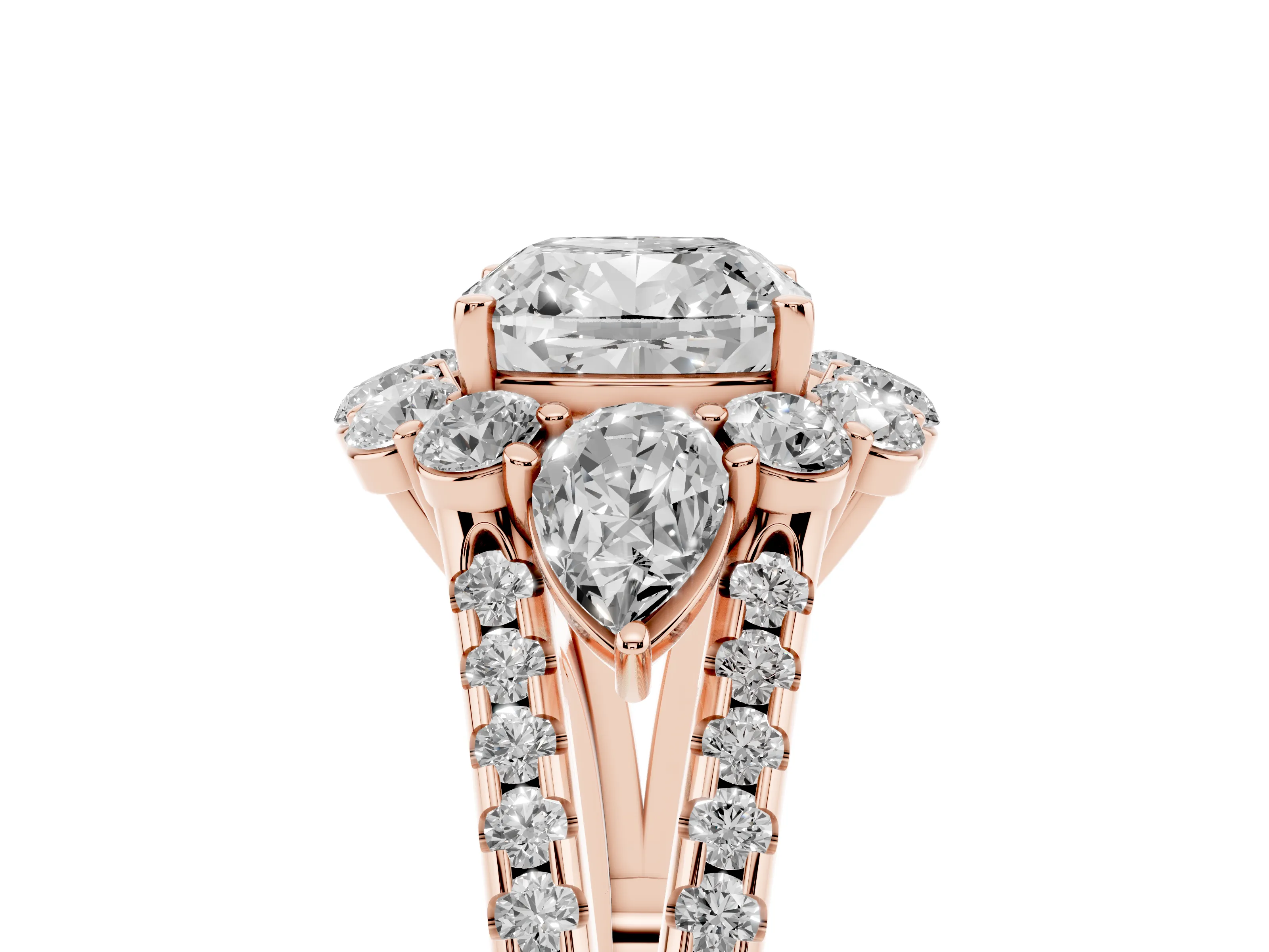 Cushion Cut Diamond Halo Split Shank Engagement Ring Set in Rose gold with Prong-Held Center Stone