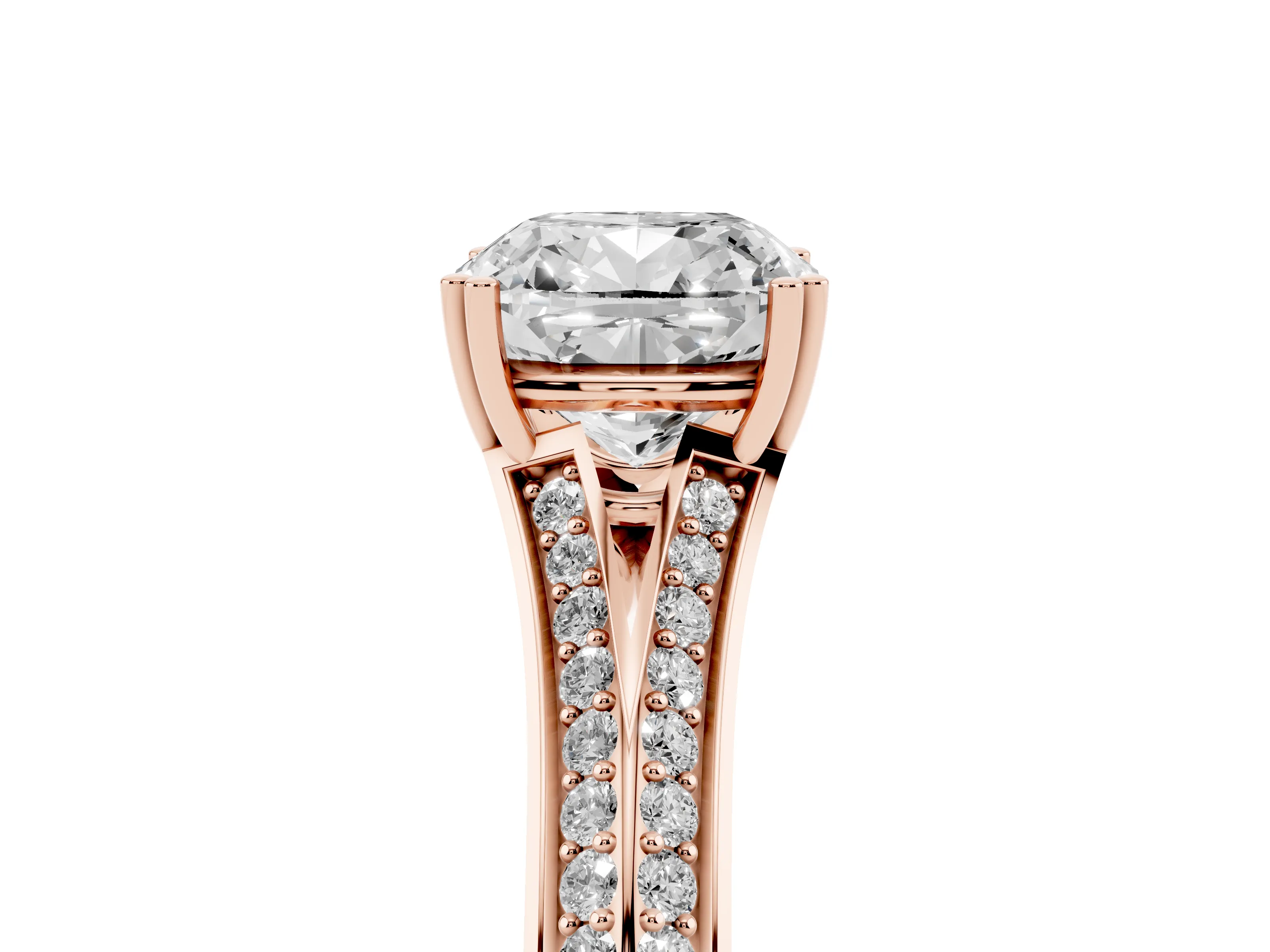 Cushion Cut Diamond Split Shank Pavé Engagement Ring Set in Rose gold with Prong-Set Center Stone