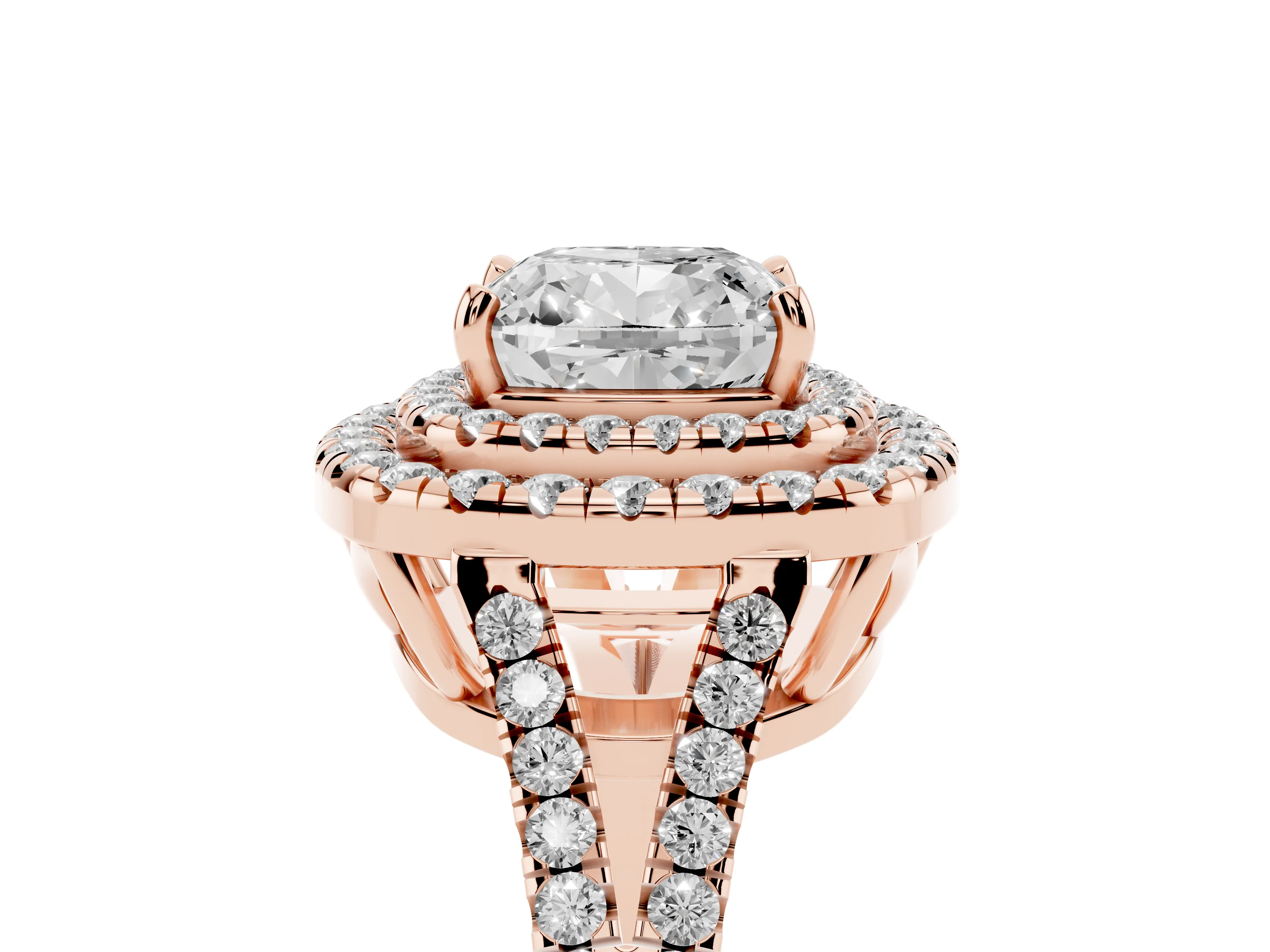 Cushion Cut Diamond Double Halo Ring Set in Rose gold with Pavé Band