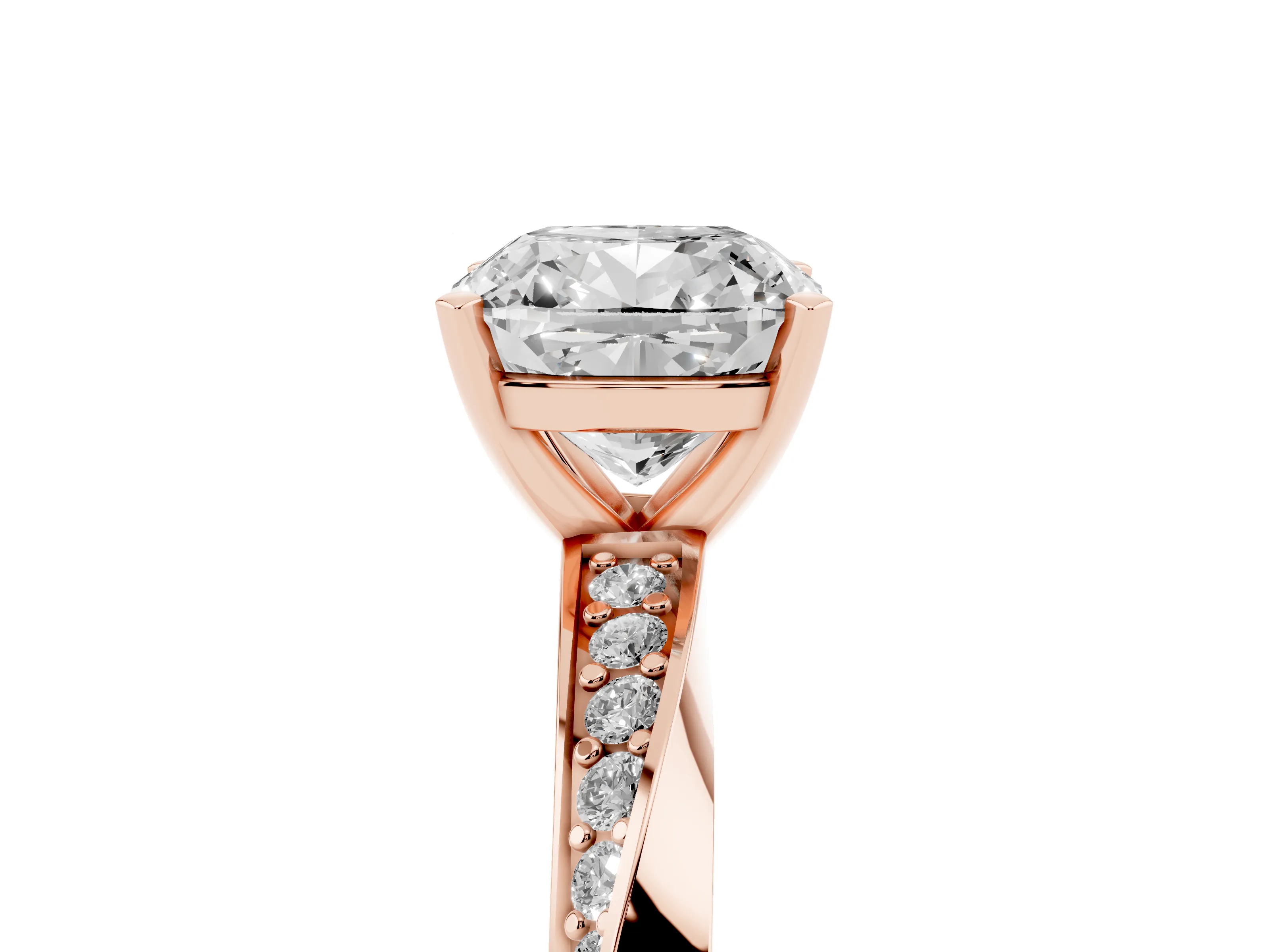 Cushion Cut Diamond Engagement Ring Set in Rose gold with Side Stone Accents and Prong Setting