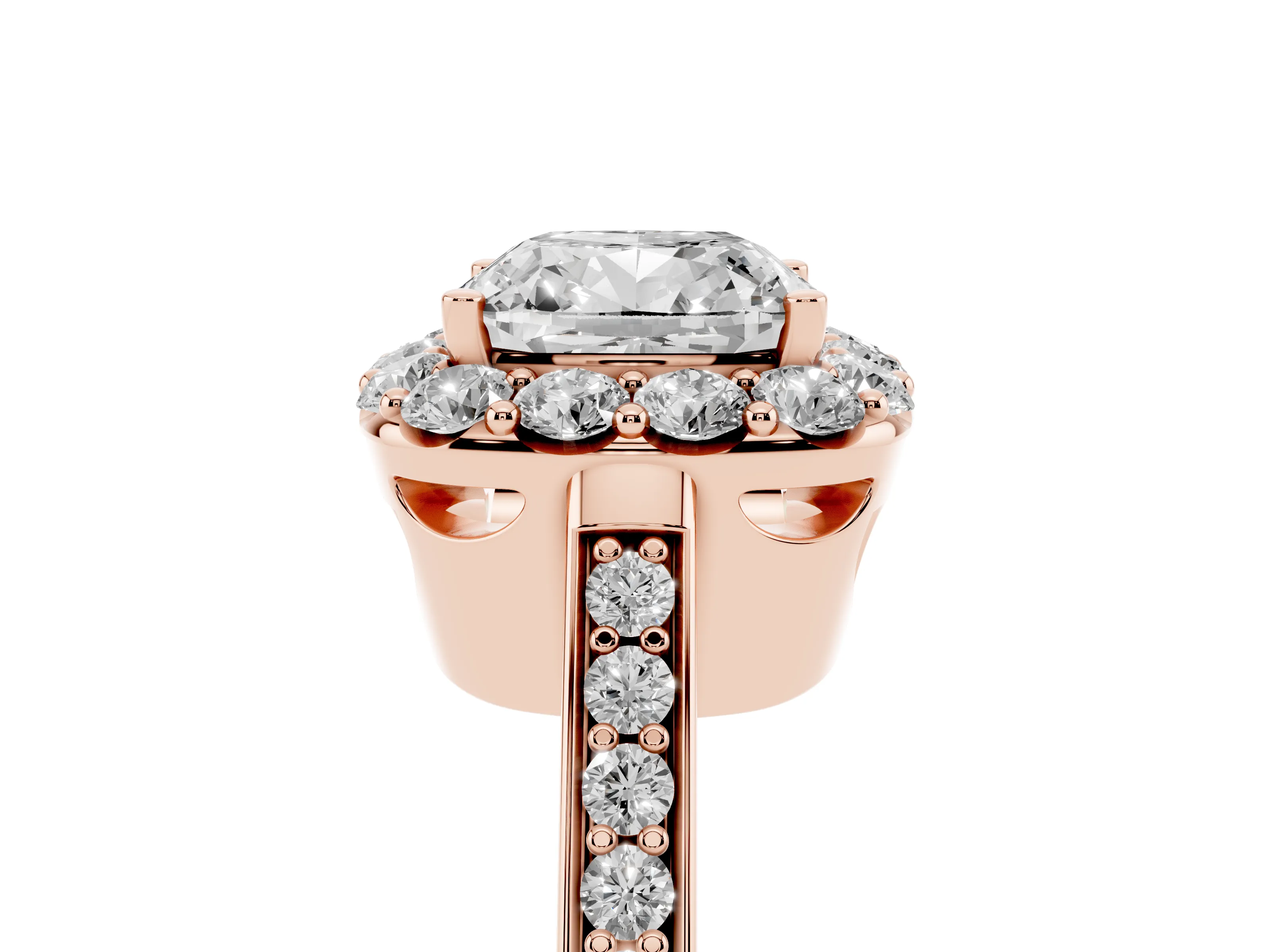 Cushion Cut Diamond Floral Halo Ring Set in Rose gold with Pavé Band and Prong Setting