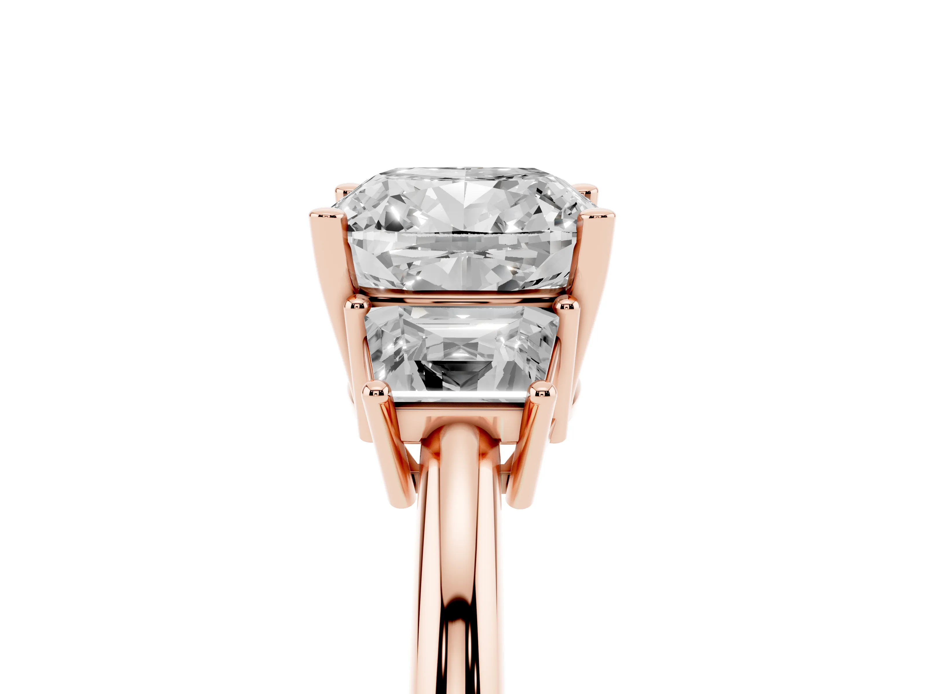 Cushion Cut Diamond Three-Stone Ring Set in Rose gold with Trapezoid Side Stones and Prong Setting