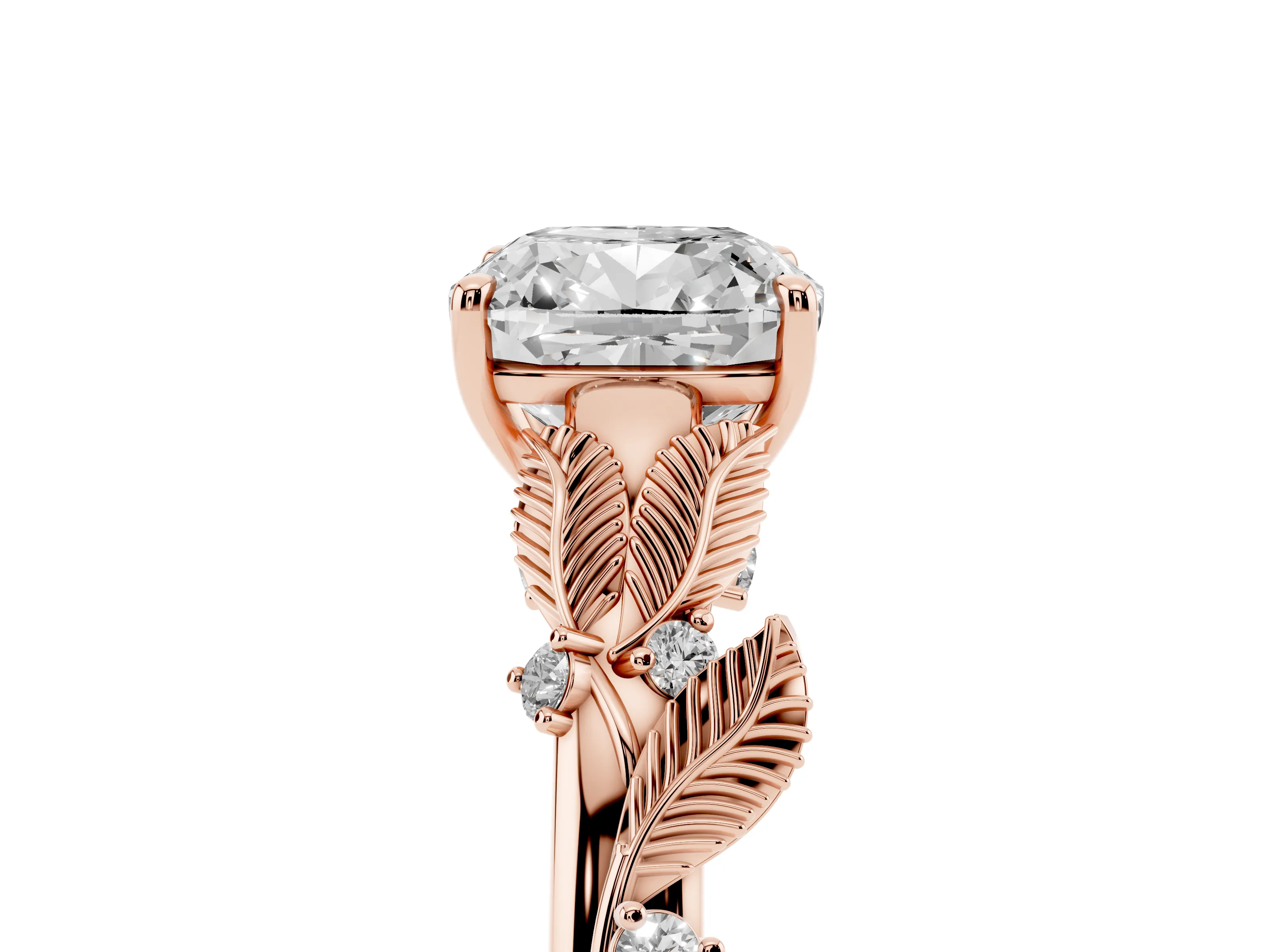 Cushion Cut Diamond Solitaire Ring Set in Rose gold with Leaf Motif Band