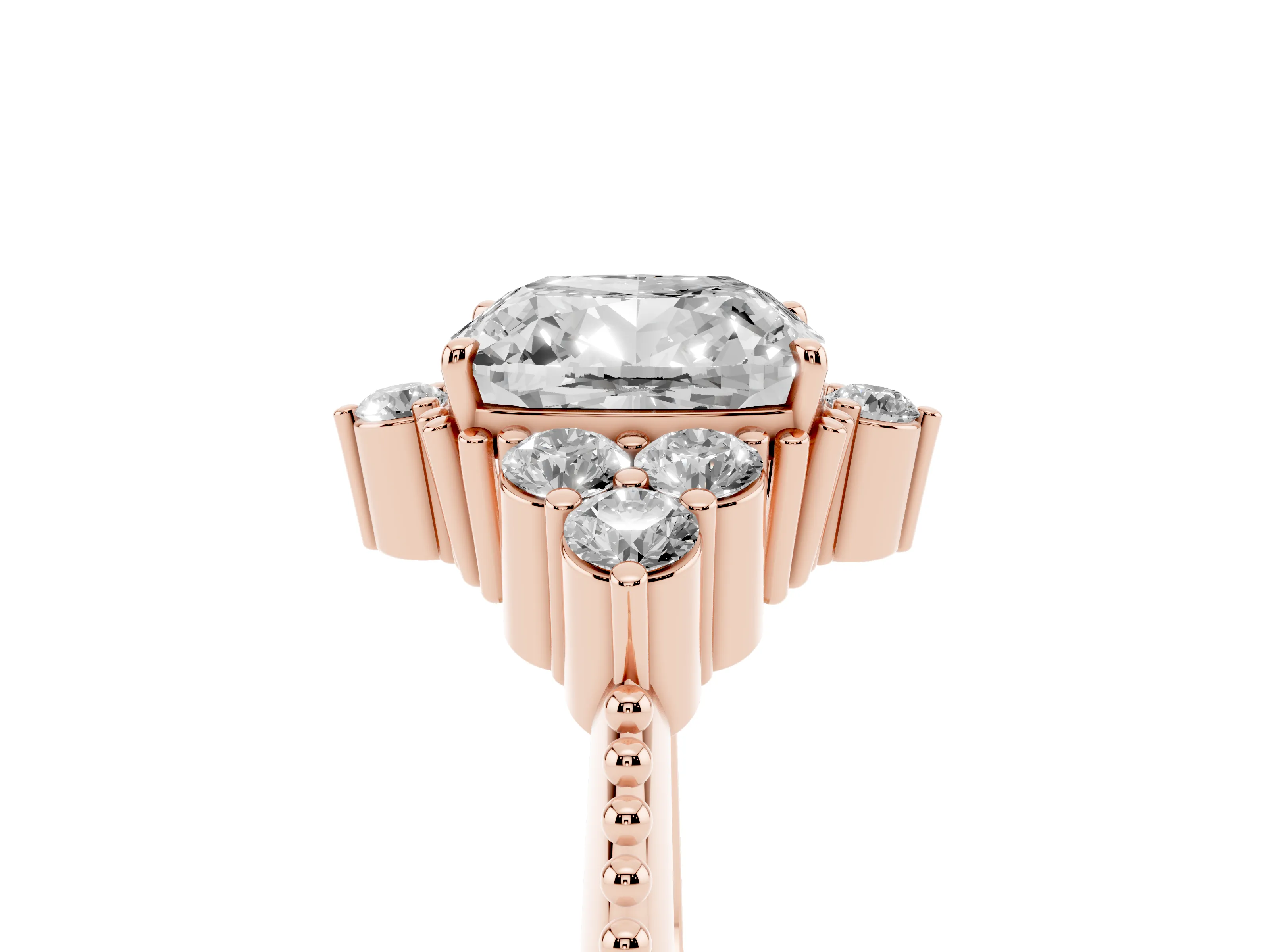 Cushion Cut Diamond Cluster Ring Set in Rose gold with Beaded Band