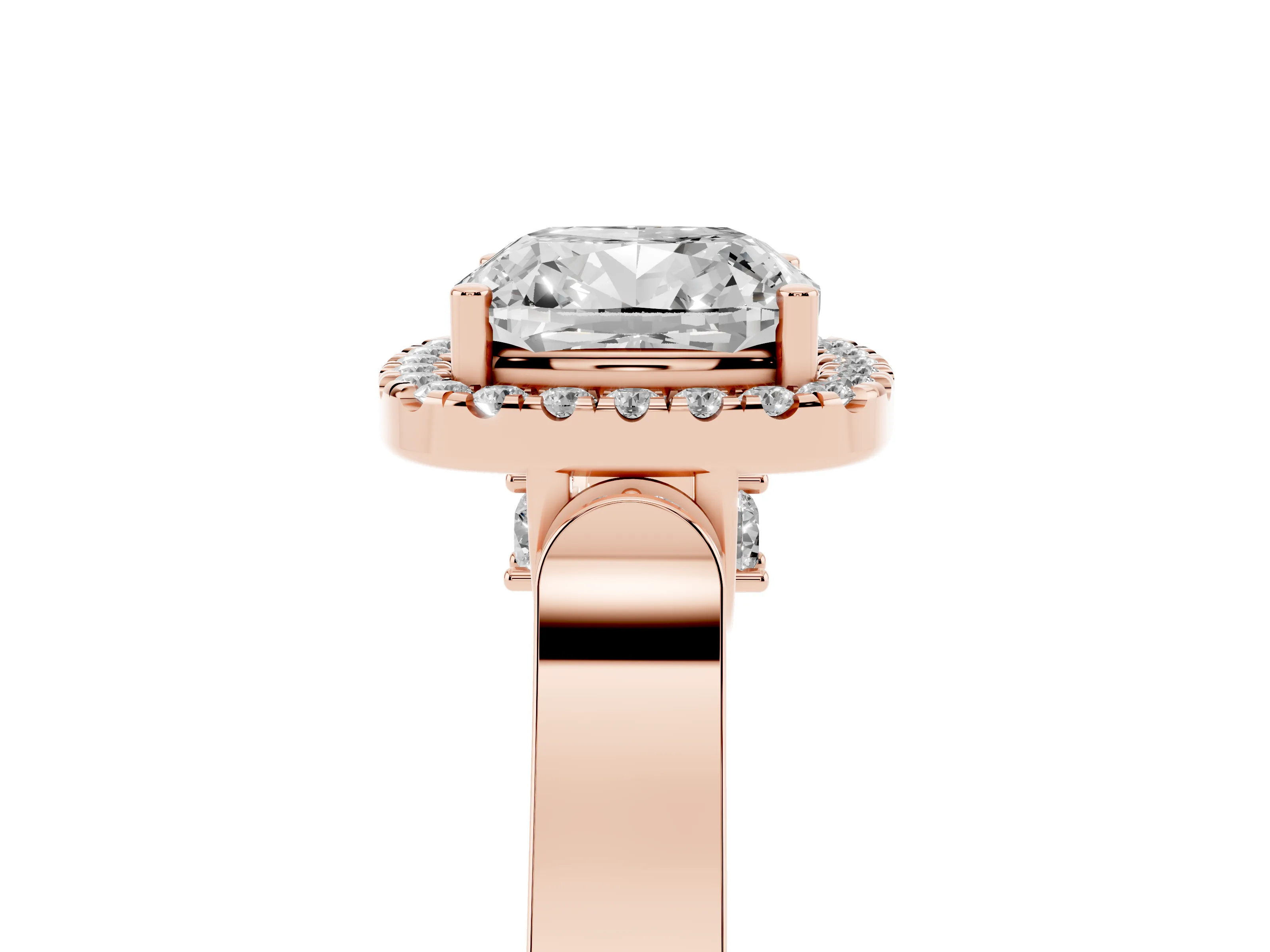 Cushion Cut Diamond Halo Ring Set in Rose gold with Pavé-Lined Split Shank Band