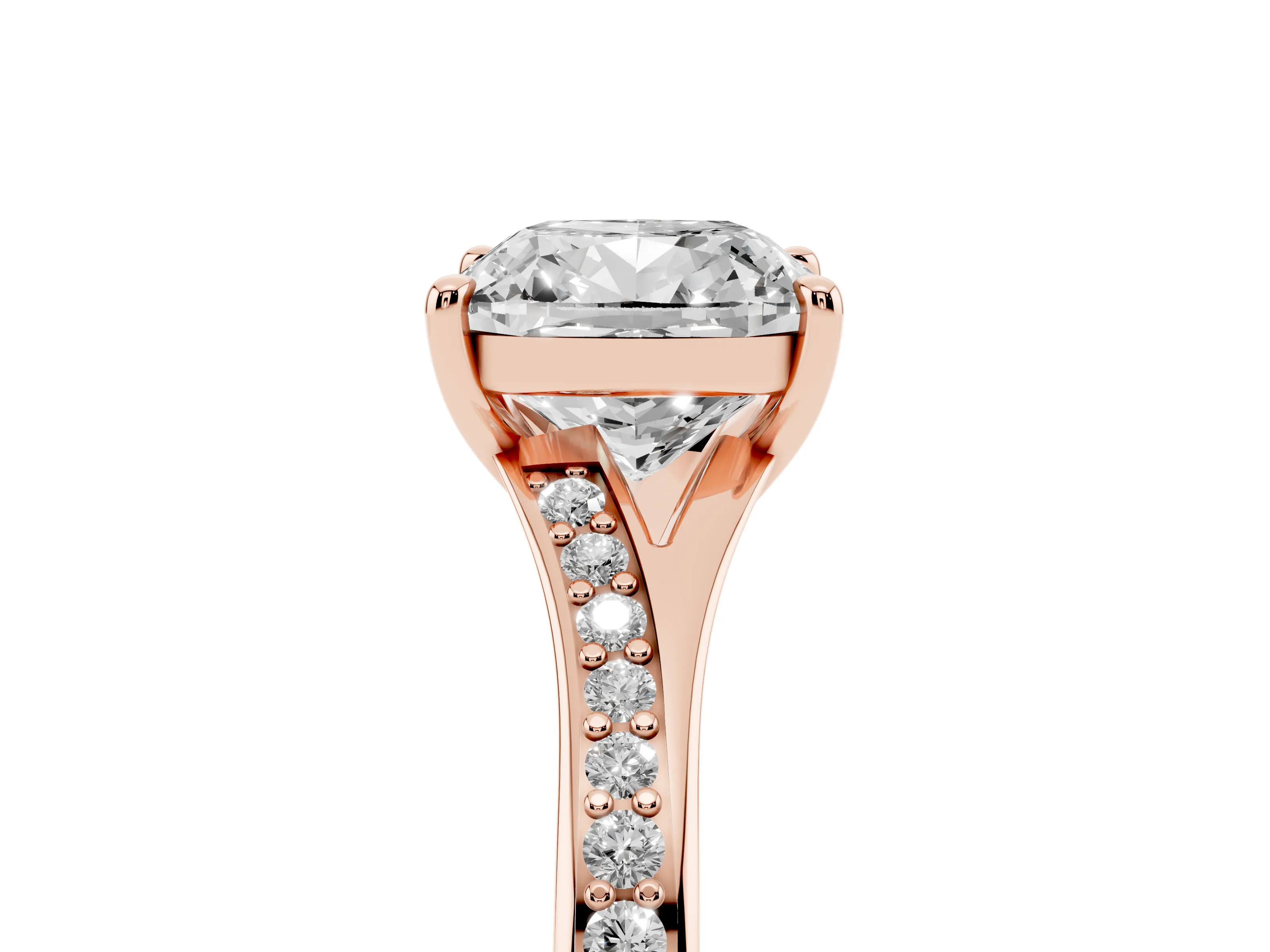 Cushion Cut Diamond Solitaire Ring Set in Rose gold with Pavé Accent Band and Classic Prong Setting