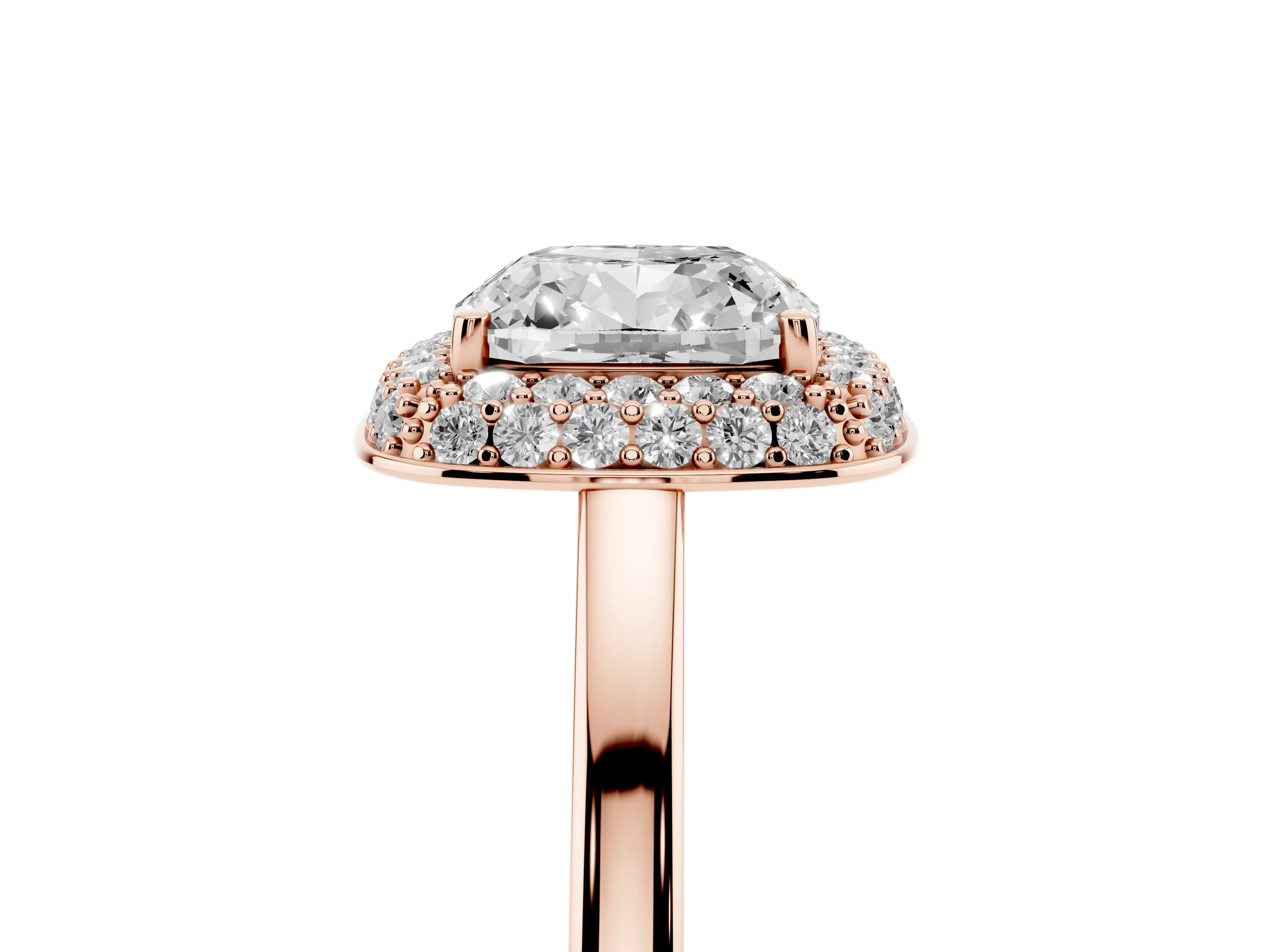 Cushion Cut Diamond Halo Engagement Ring Set in Rose gold with Solitaire Band and Prong Setting