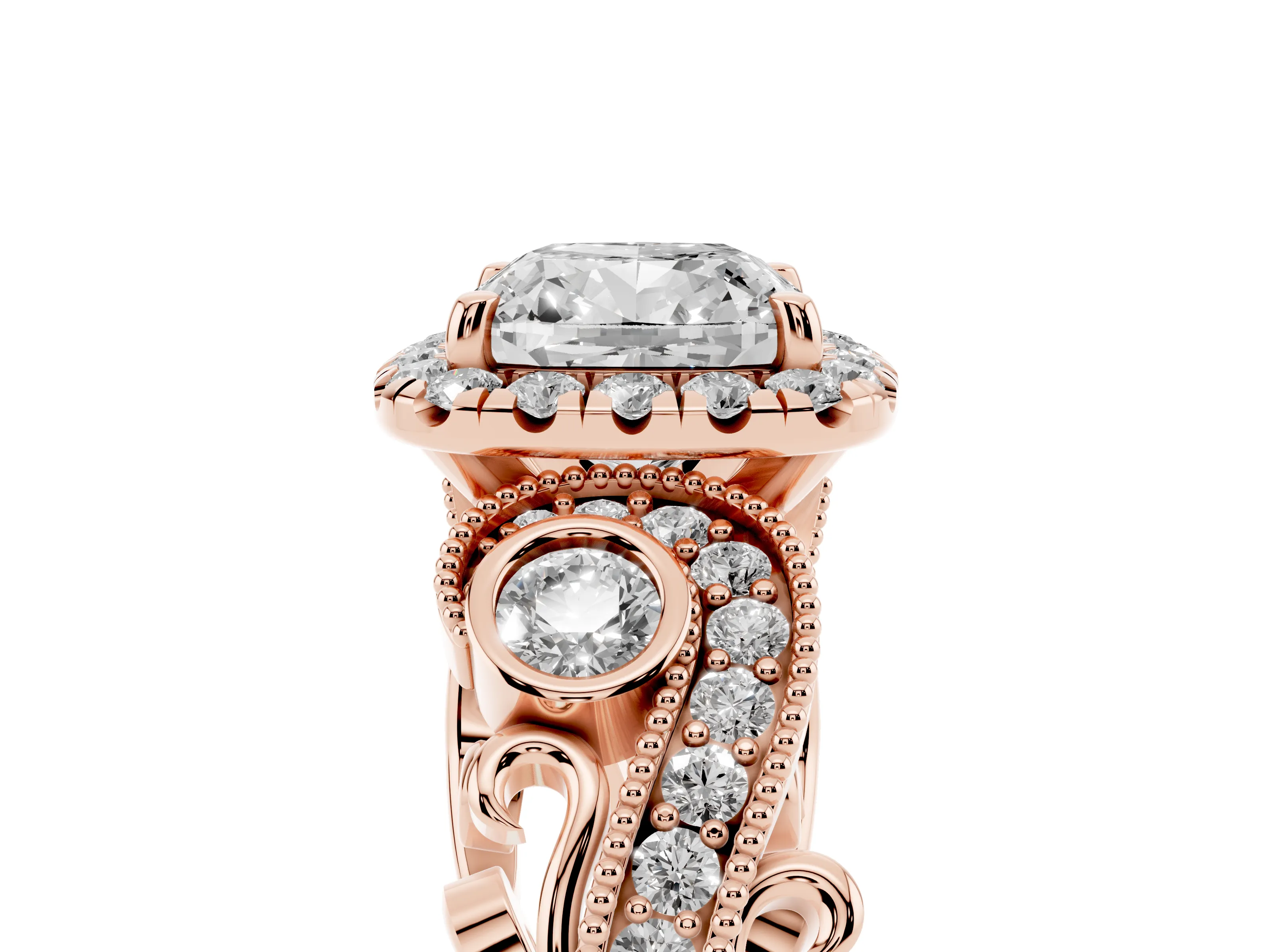 Cushion Cut Diamond Halo Ring Set in Rose gold with Milgrain Pavé Band and Prong Setting