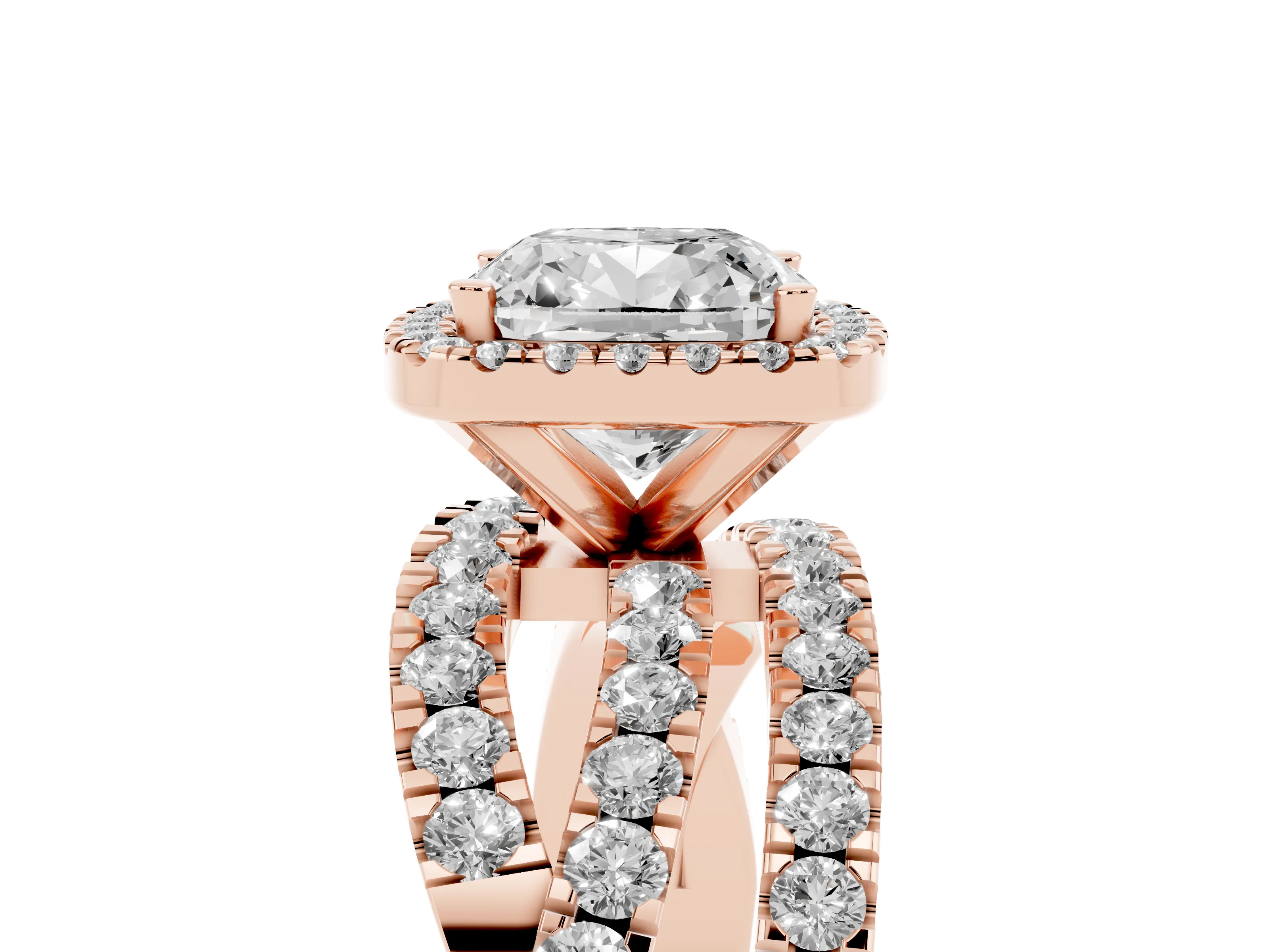 Cushion Cut Diamond Halo Ring Set in Rose gold with Round Crossover Split Shank and Prong Setting