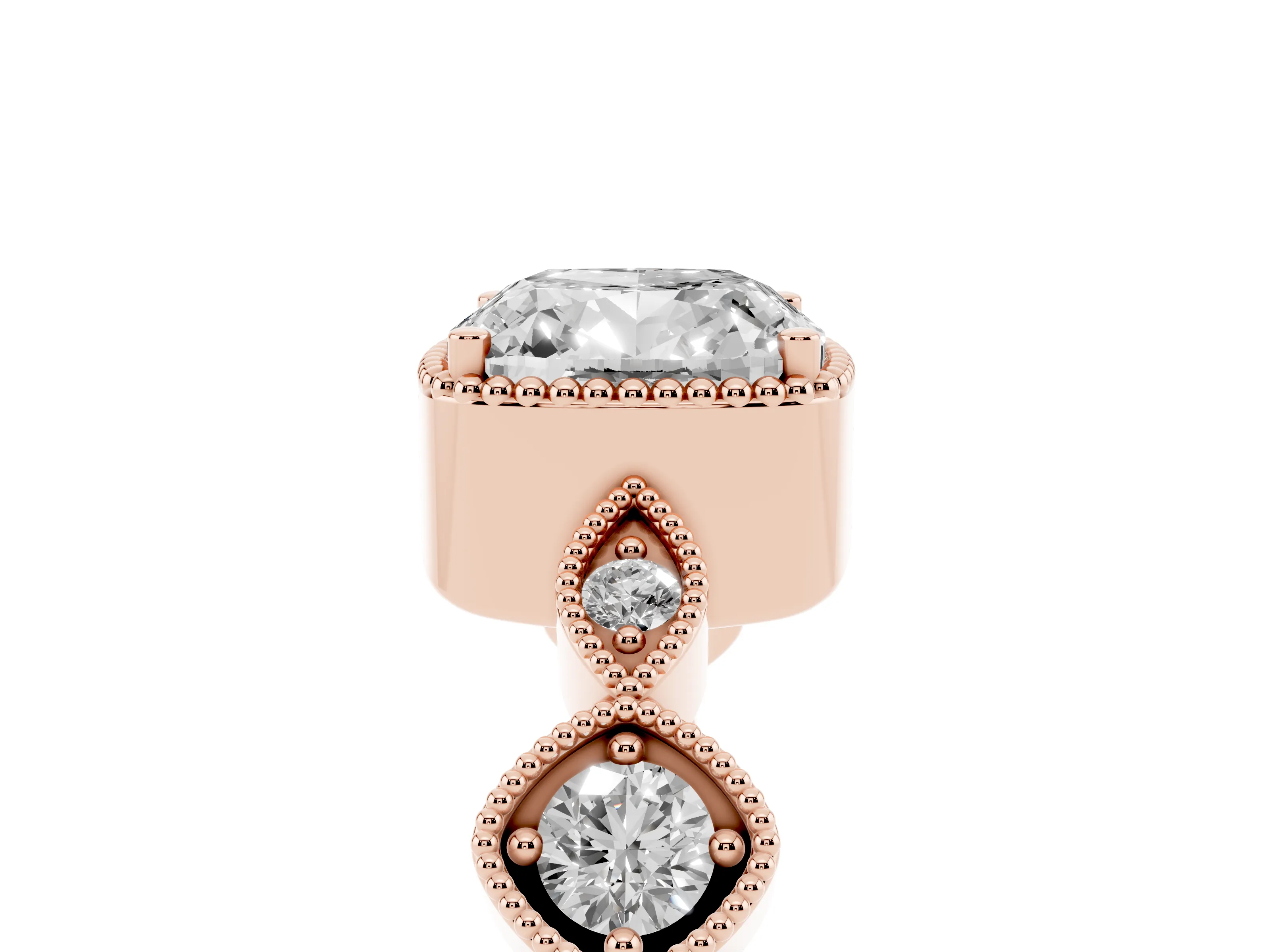 Cushion Cut Diamond Vintage-Inspired Milgrain Ring Set in Rose gold with Marquise Stations of Round Accents