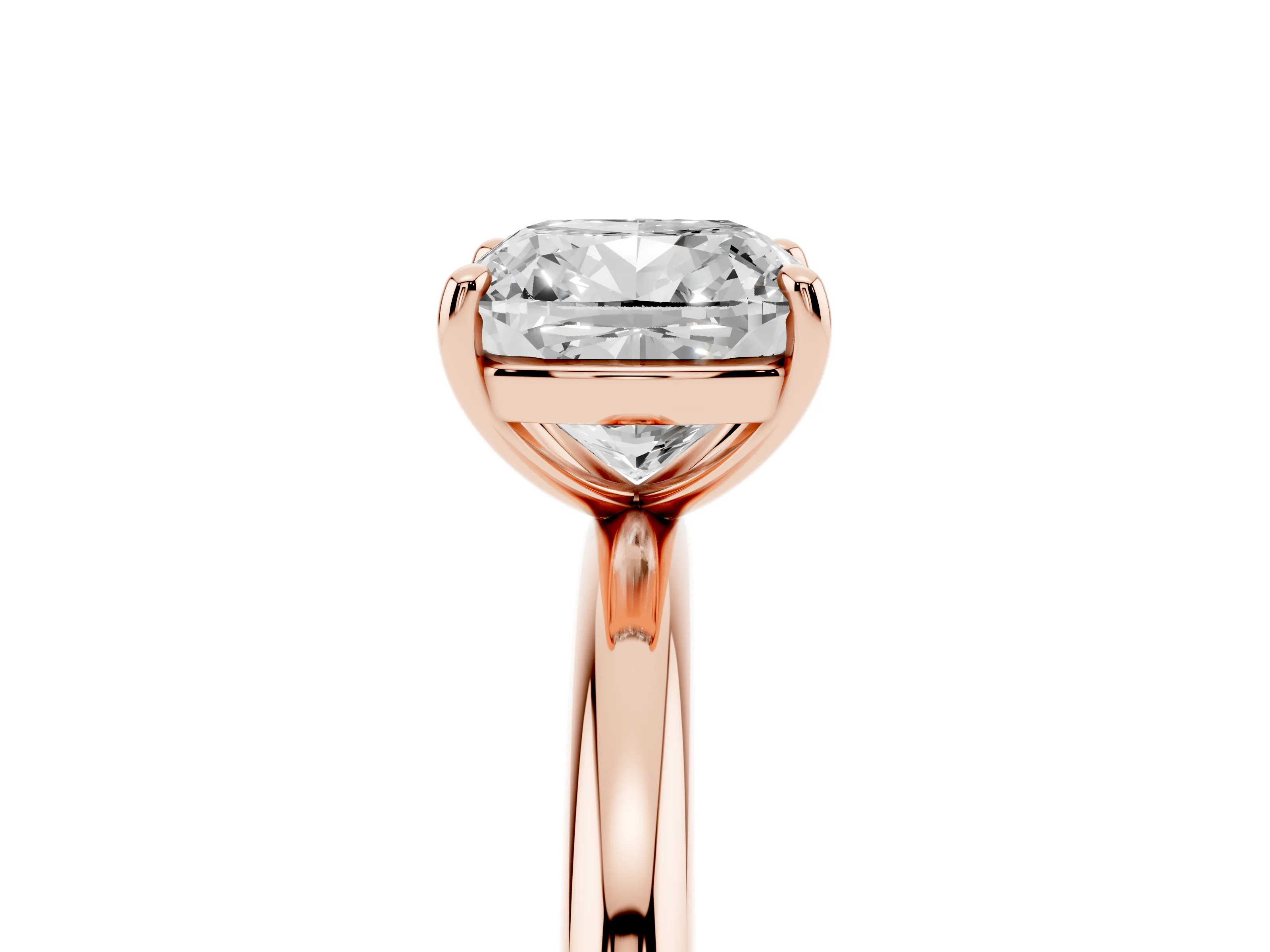 Cushion Cut Diamond Solitaire Ring Set in Rose gold with Prong Setting on a Polished Plain Band
