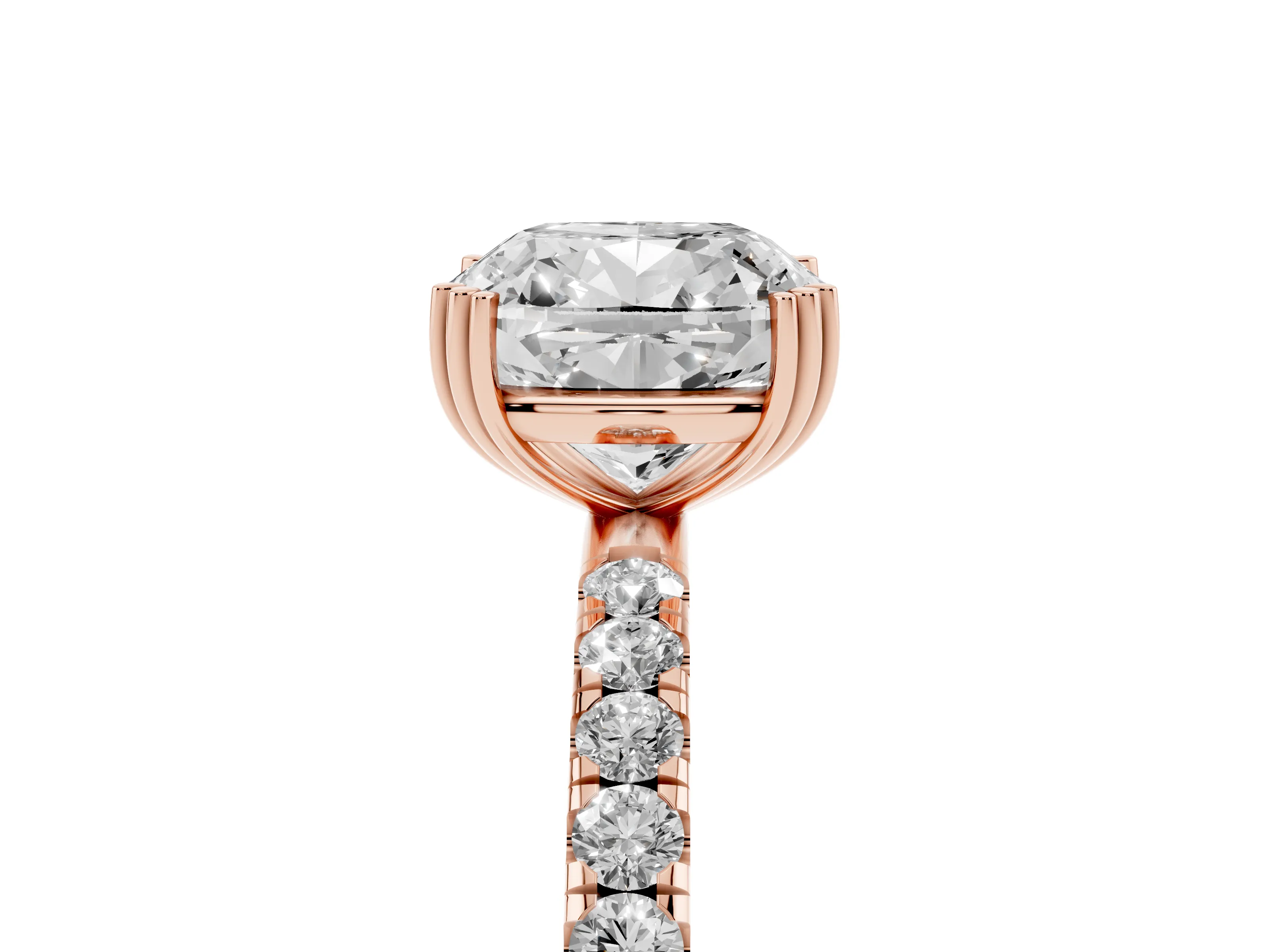 Cushion Cut Diamond Brilliant Solitaire Set in Rose gold with Pavé Band and Claw Prong Setting