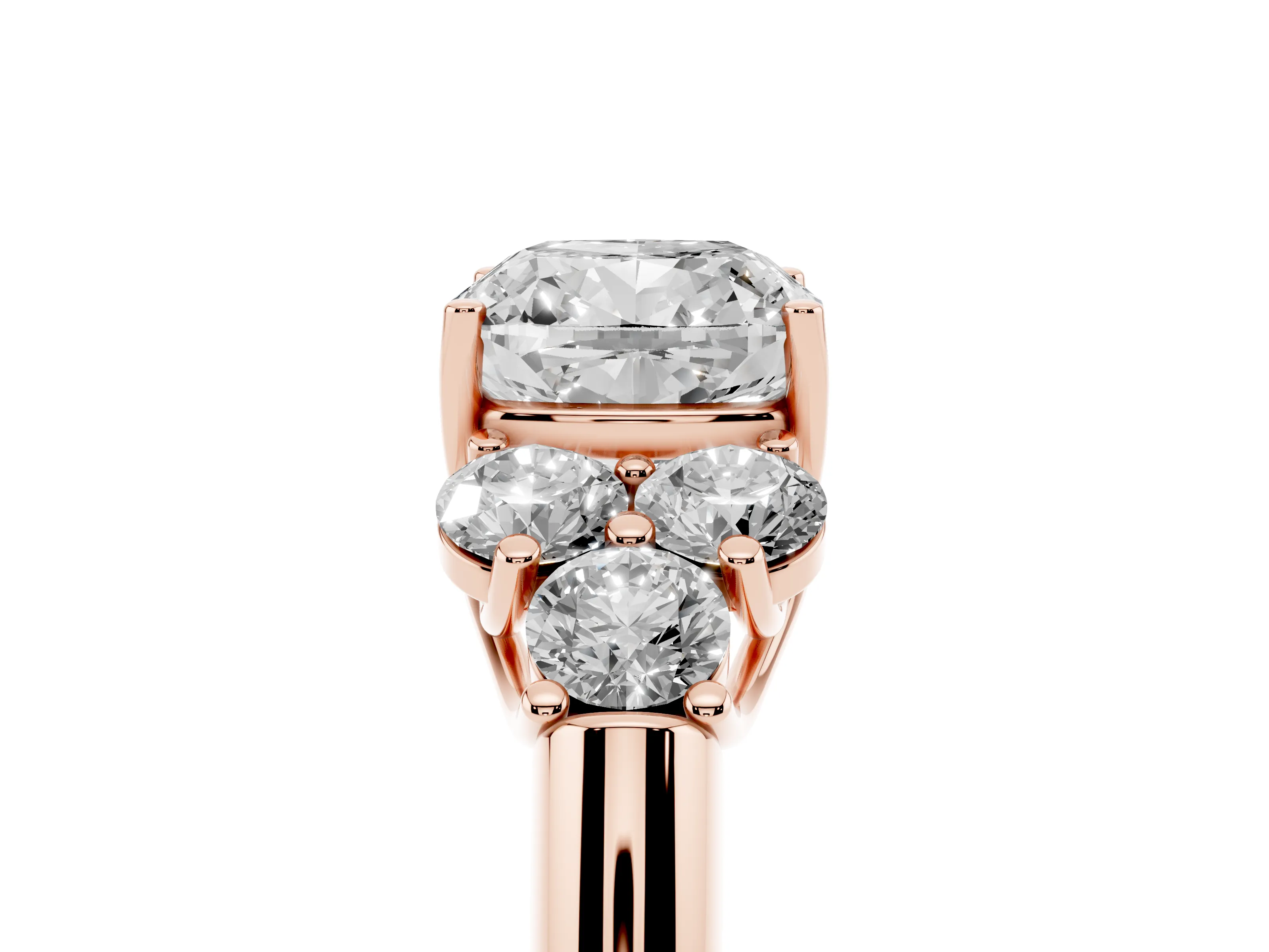 Cushion Cut Diamond Cluster Ring Set in Rose gold with Round Accent Stones and Prong Setting on a Plain Band