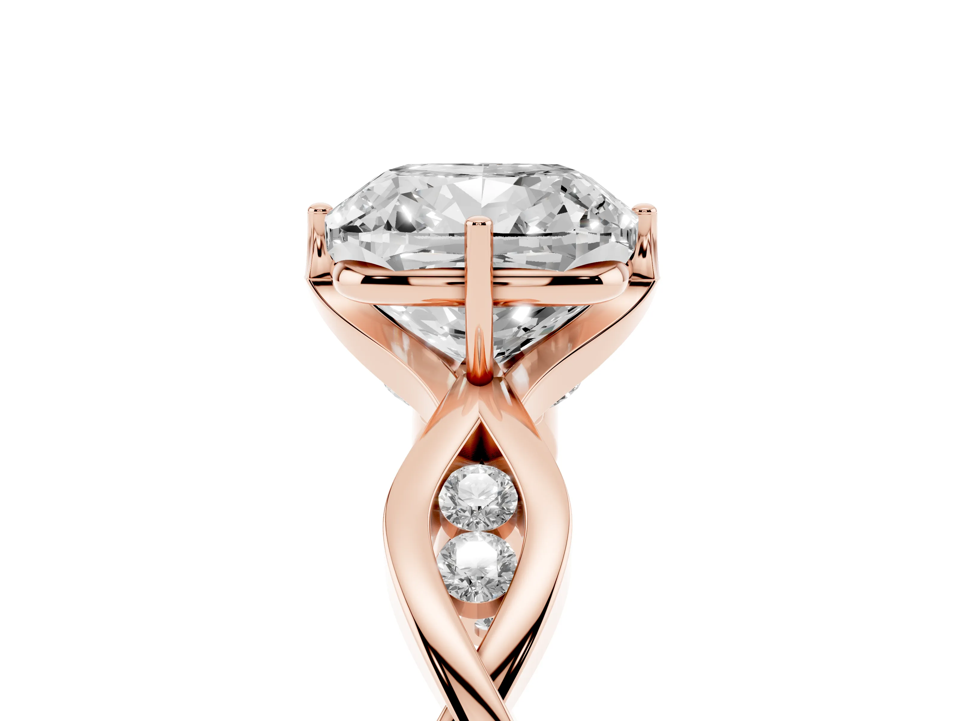Cushion Cut Diamond Twist Band Solitaire Ring Set in Rose gold with Leaf Prong Setting and Accent Stones