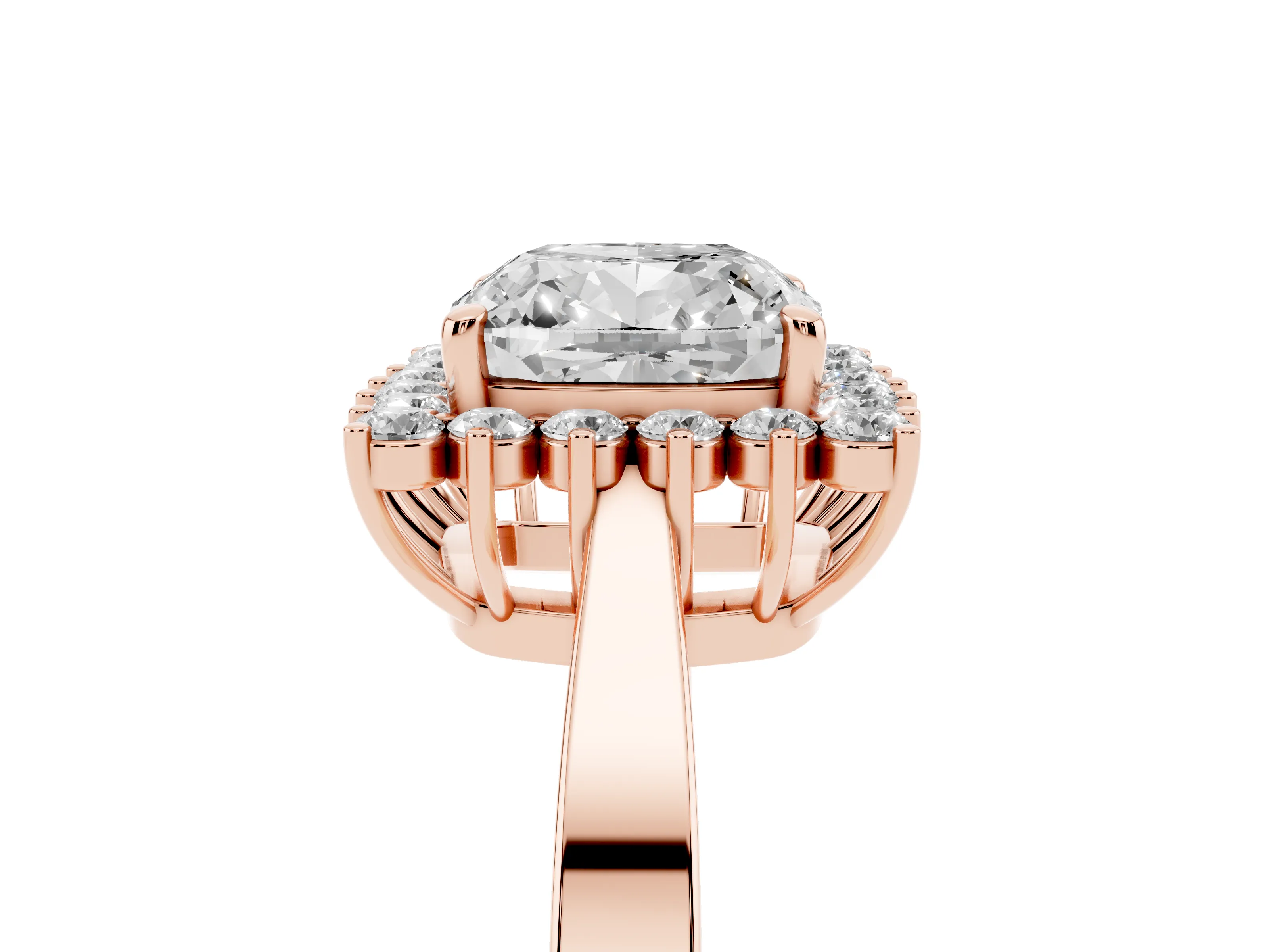 Cushion Cut Diamond Halo Ring Set in Rose gold with Round Halo and Smooth Solitaire Band
