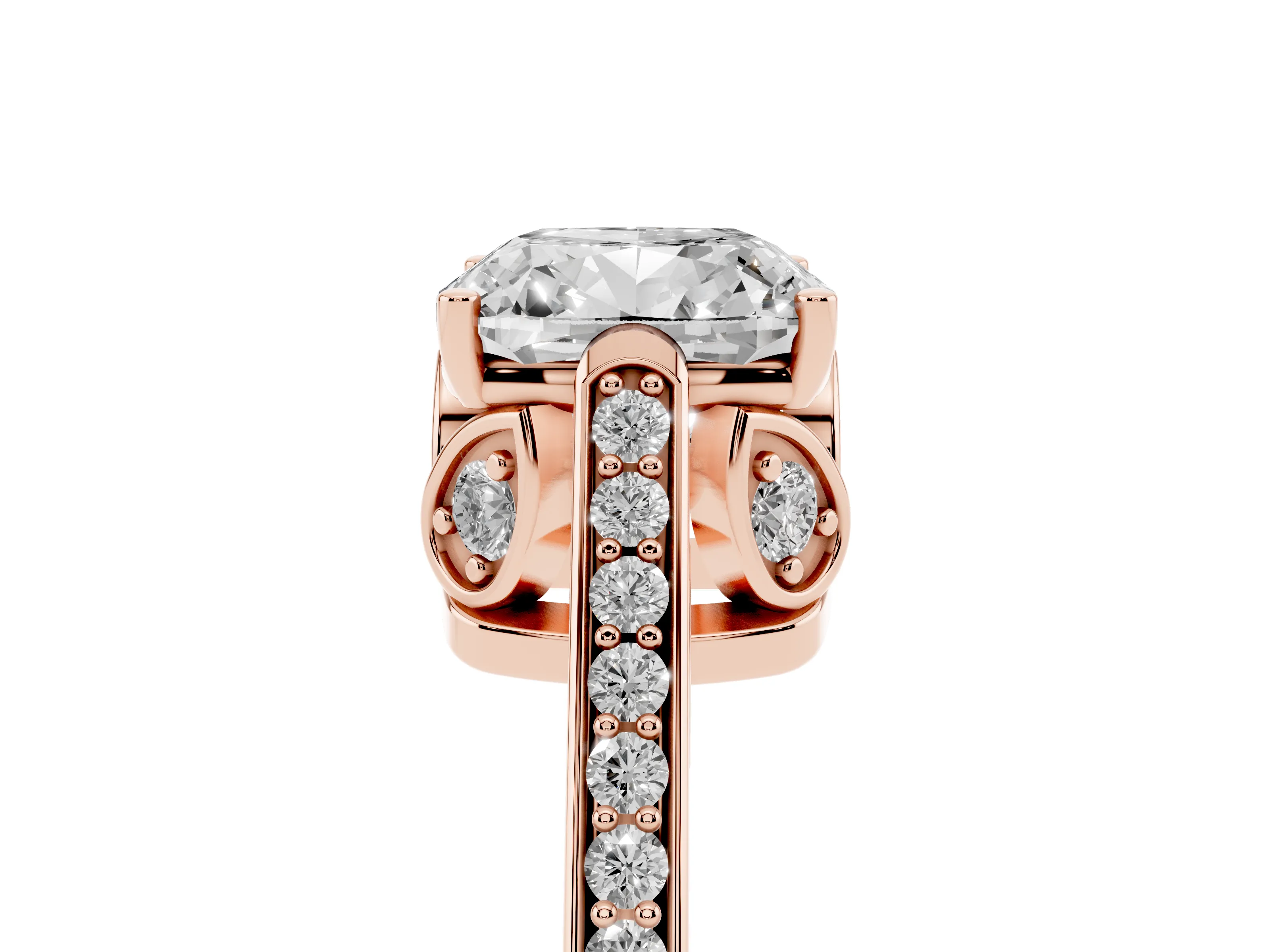 Cushion Cut Diamond Cathedral Pavé Engagement Ring Set in Rose gold with Prong Setting