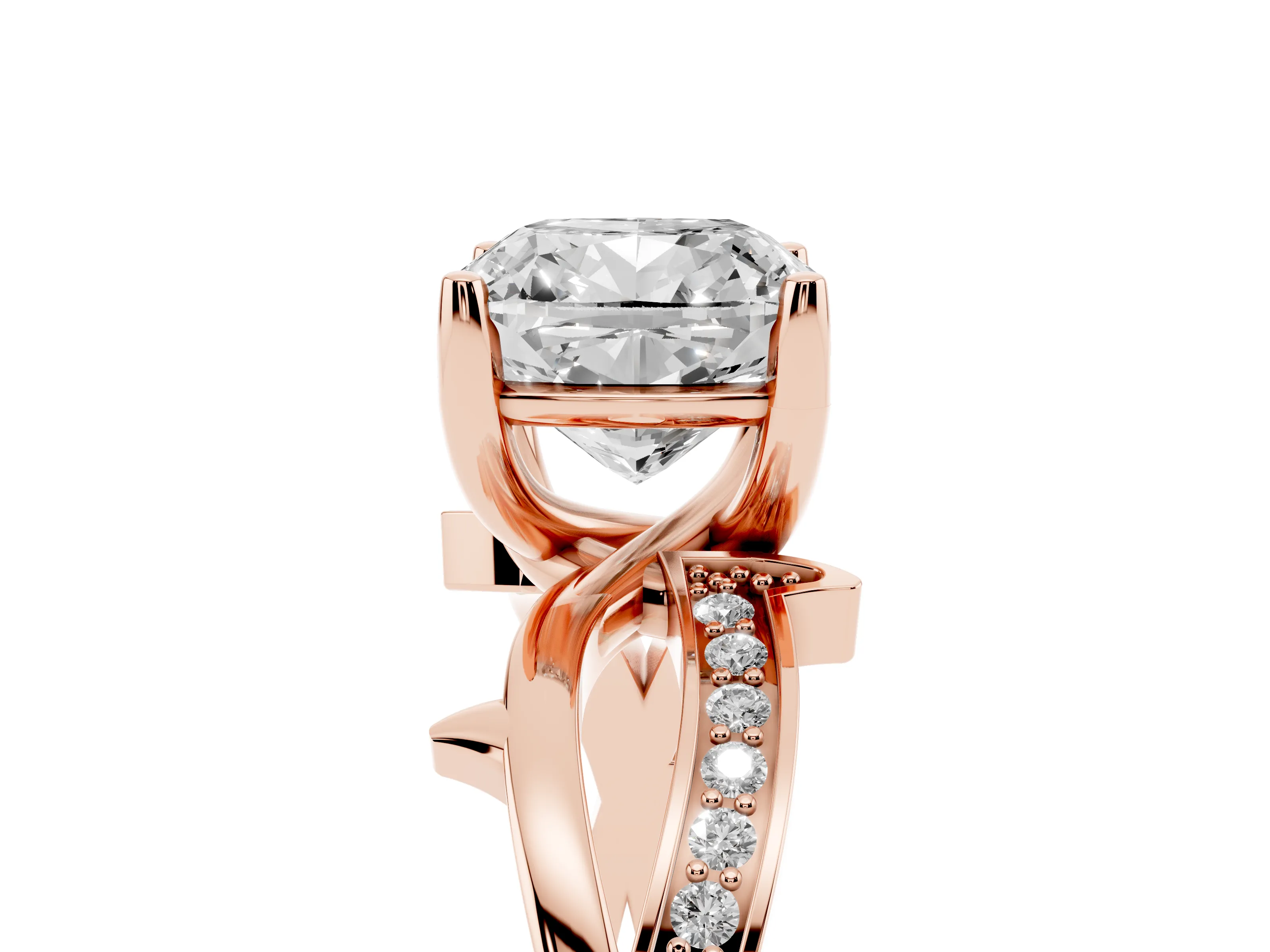 Cushion Cut Diamond Pavé Twist Band Solitaire Ring Set in Rose gold with Prong Setting