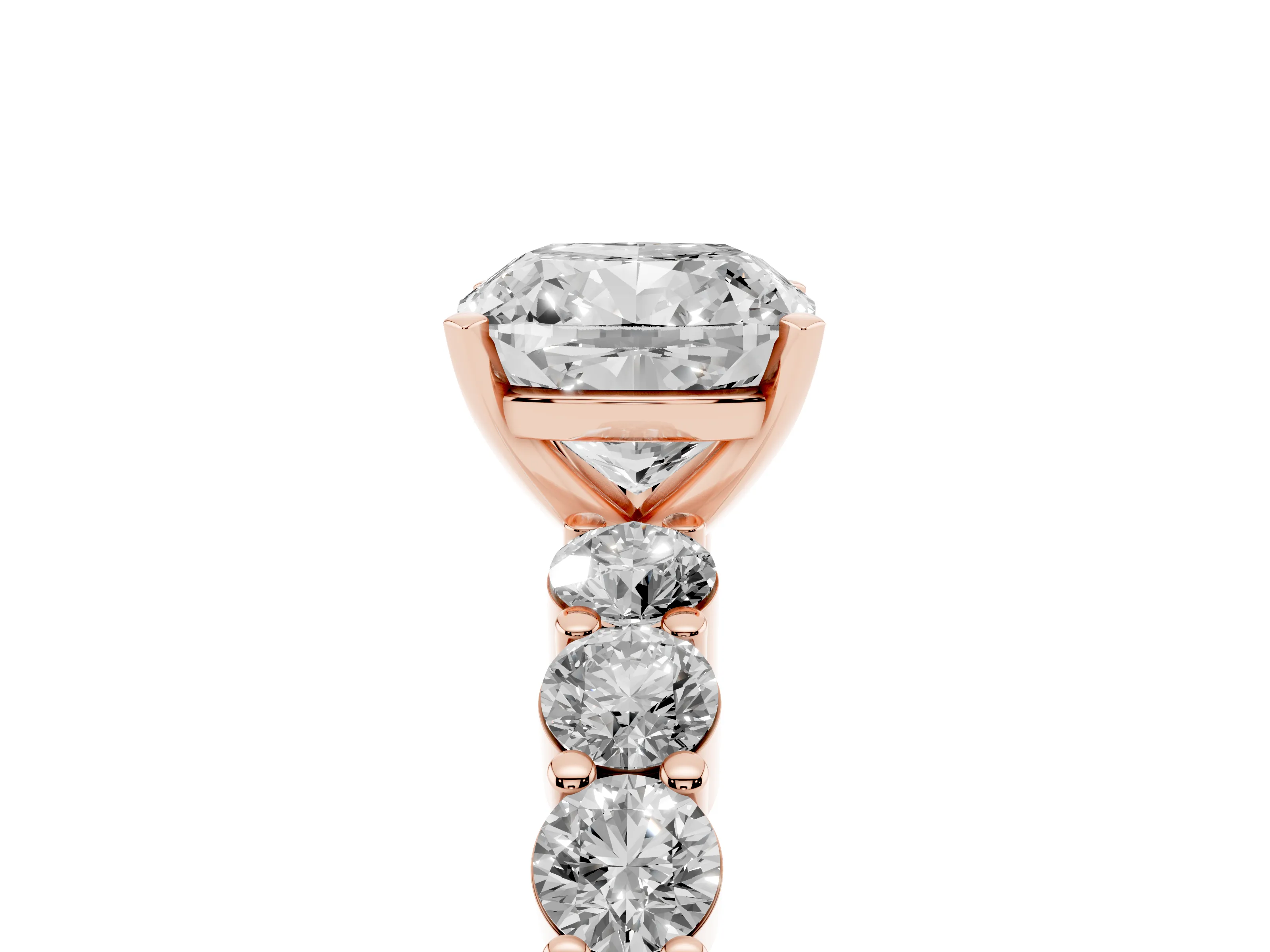 Cushion Cut Diamond Solitaire Ring Set in Rose gold with Shared Prong Round Side Stones