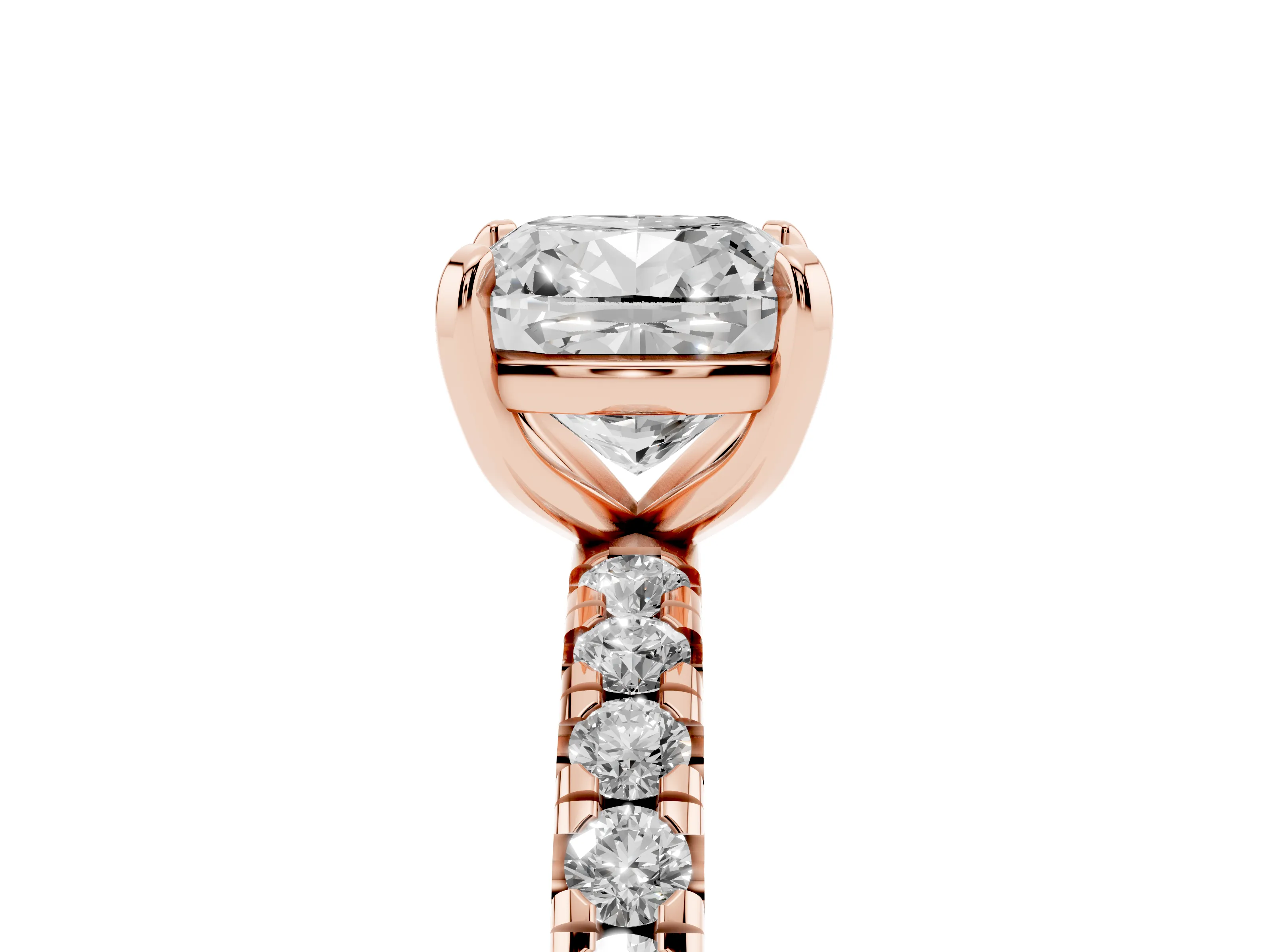 Cushion Cut Diamond Pavé Solitaire Ring Set in Rose gold with Round Band and Prong Setting