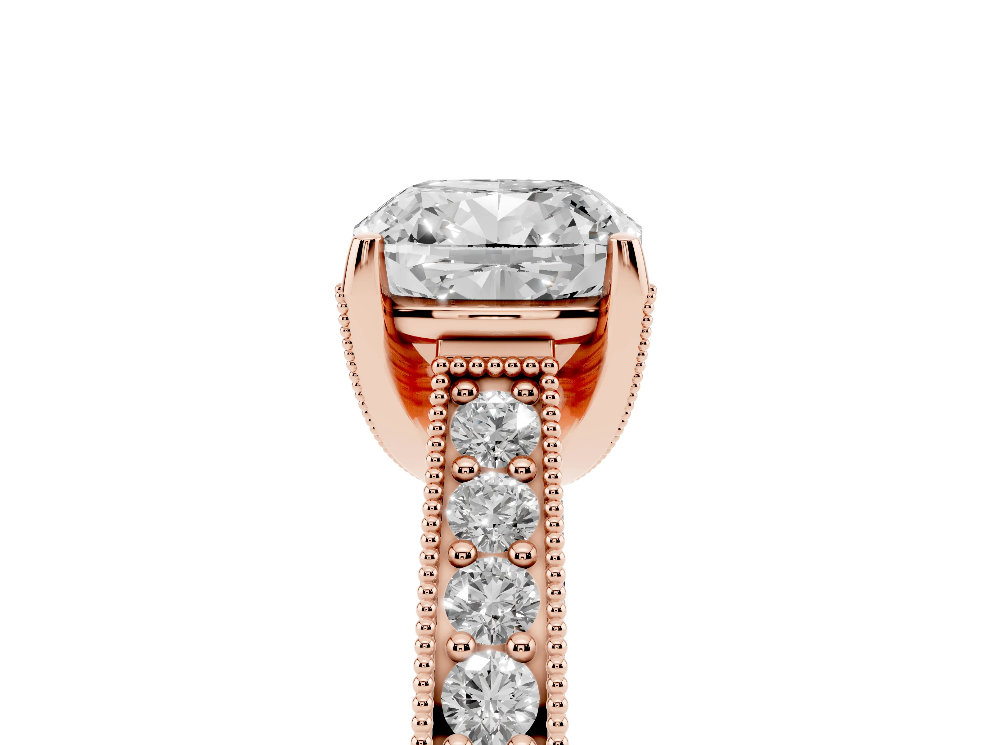Cushion Cut Diamond Solitaire Ring Set in Rose gold with Milgrain-Edged Pavé Band and Prong Setting