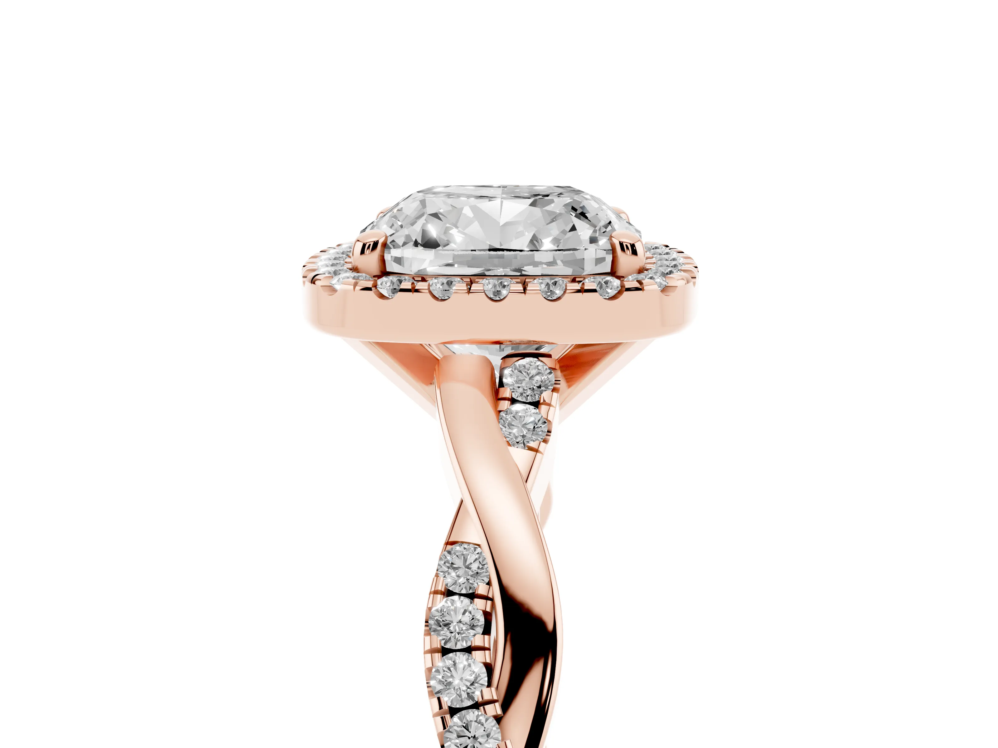 Cushion Cut Twisted Halo Engagement Ring Setting | Pavé and Plain Strands | Rose Gold