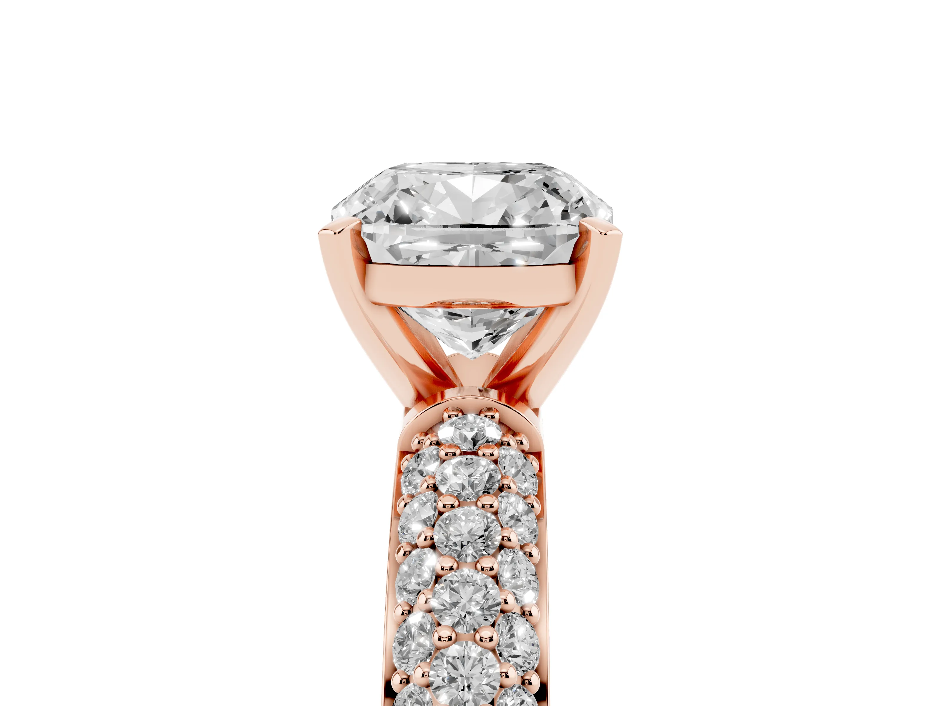 Cushion Cut Diamond Solitaire Ring Set in Rose gold with Prong Setting and Pavé-Set Band