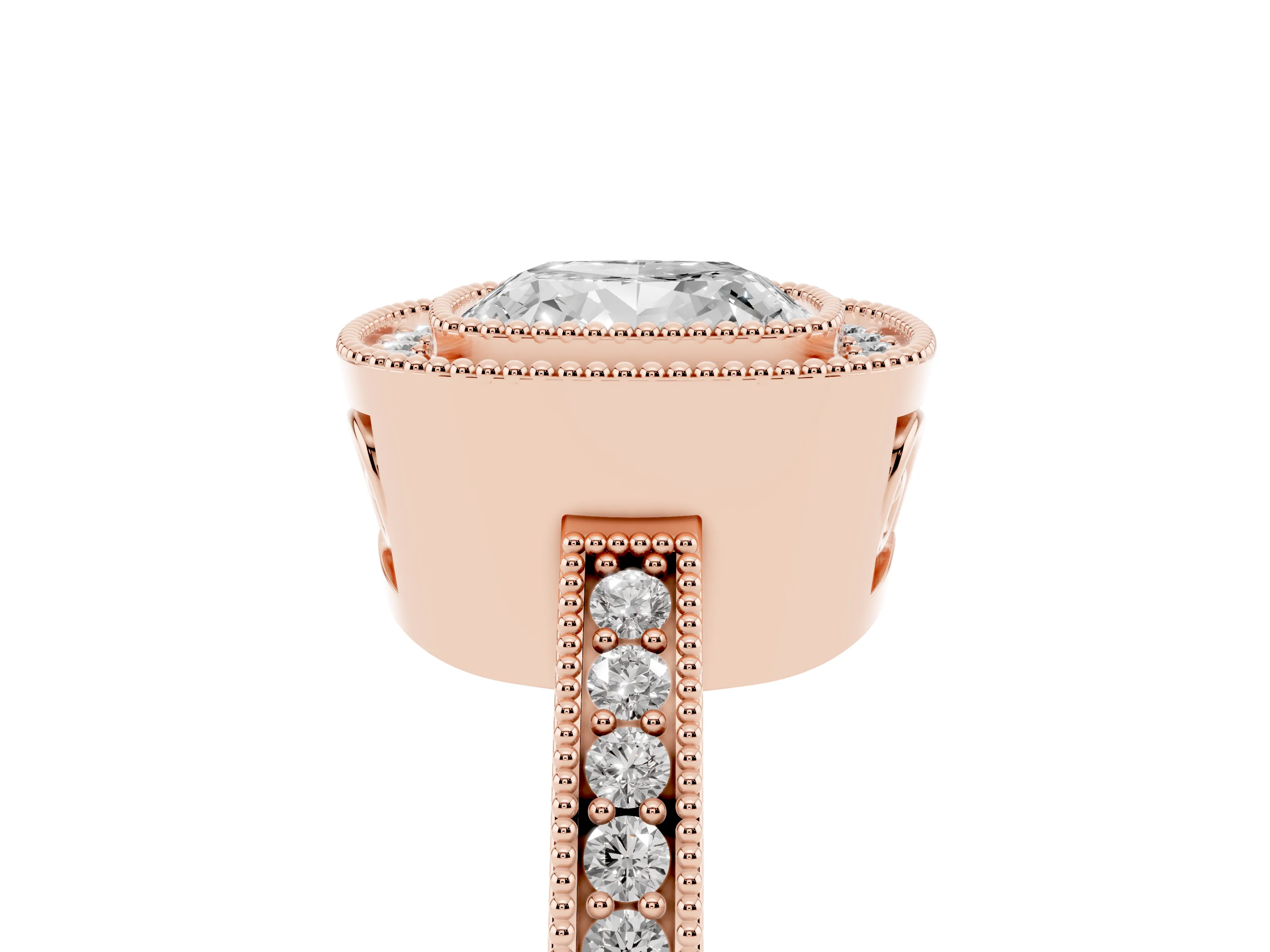 Cushion Cut Diamond Round Halo Ring Set in Rose gold with Pavé Band