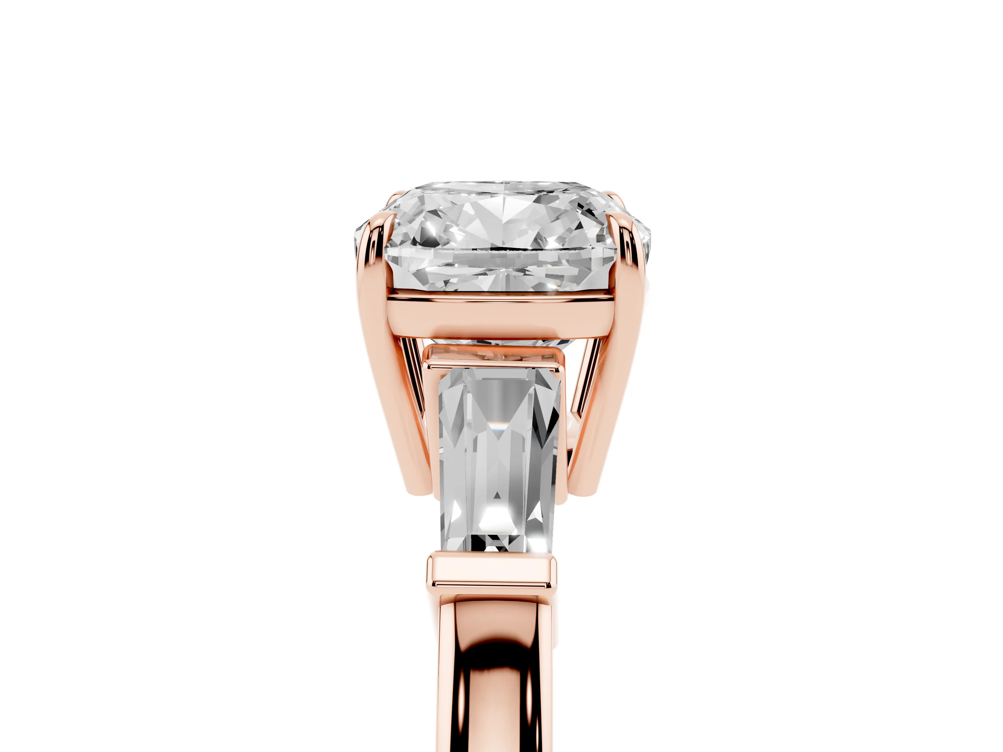 Cushion Cut Diamond Three-Stone Ring Set in Rose gold with Tapered Baguette Side Stones and Prong Setting