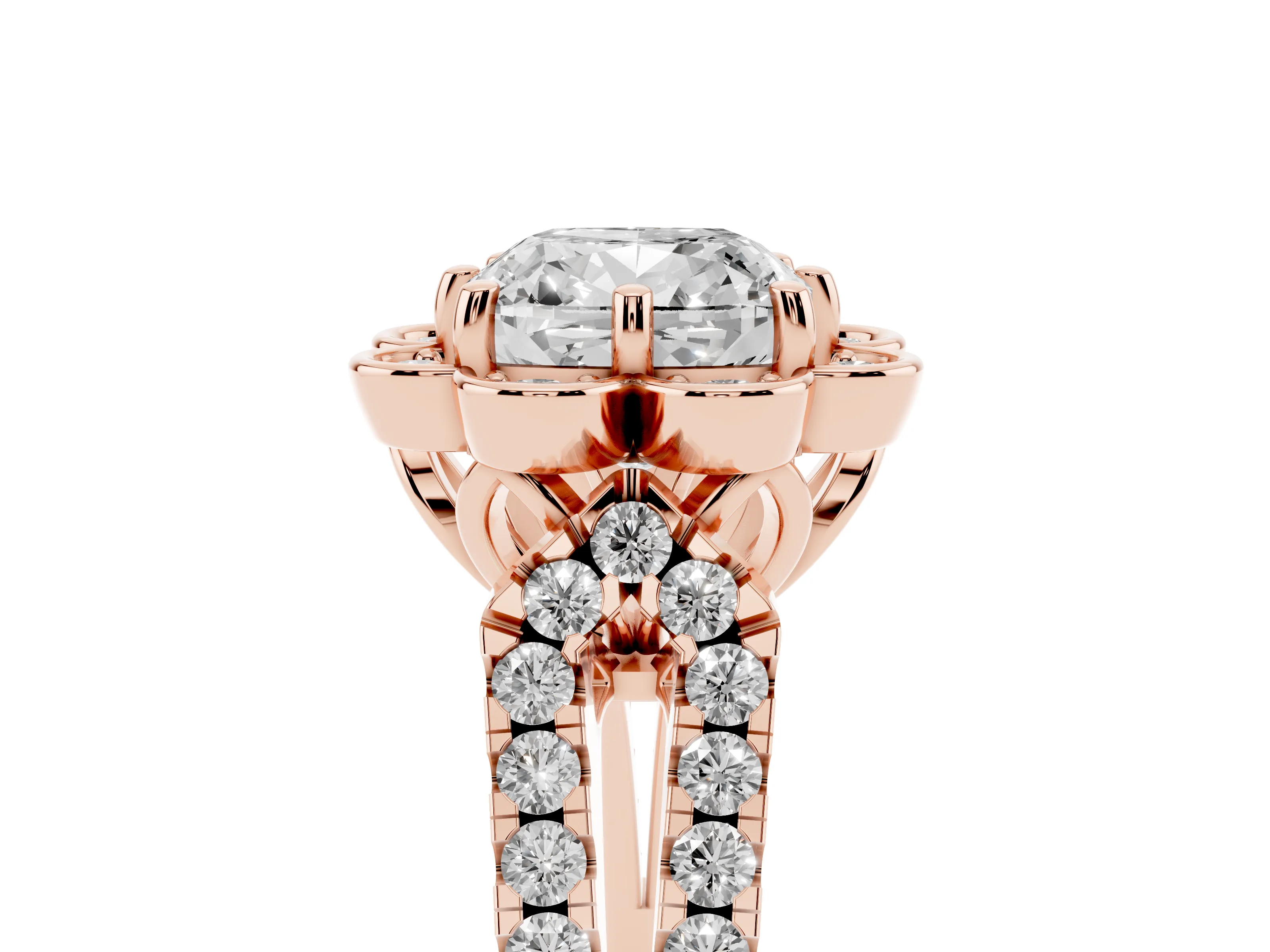 Cushion Cut Diamond Floral Halo Split Shank Engagement Ring Set in Rose gold with Pavé Shank