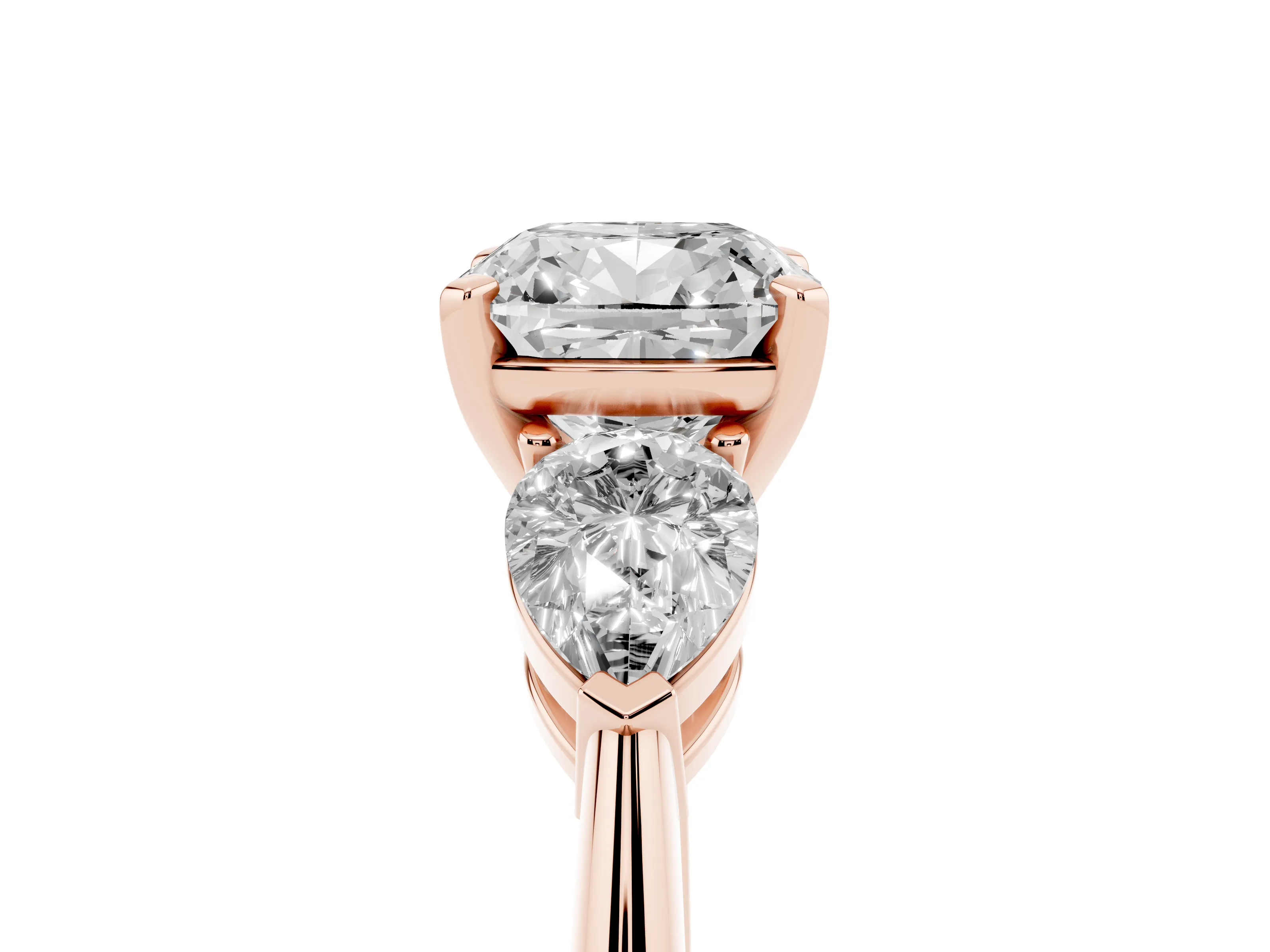 Three-Stone Cushion Cut Diamond Ring Set in Rose gold with Pear Side Stones and Prong Setting