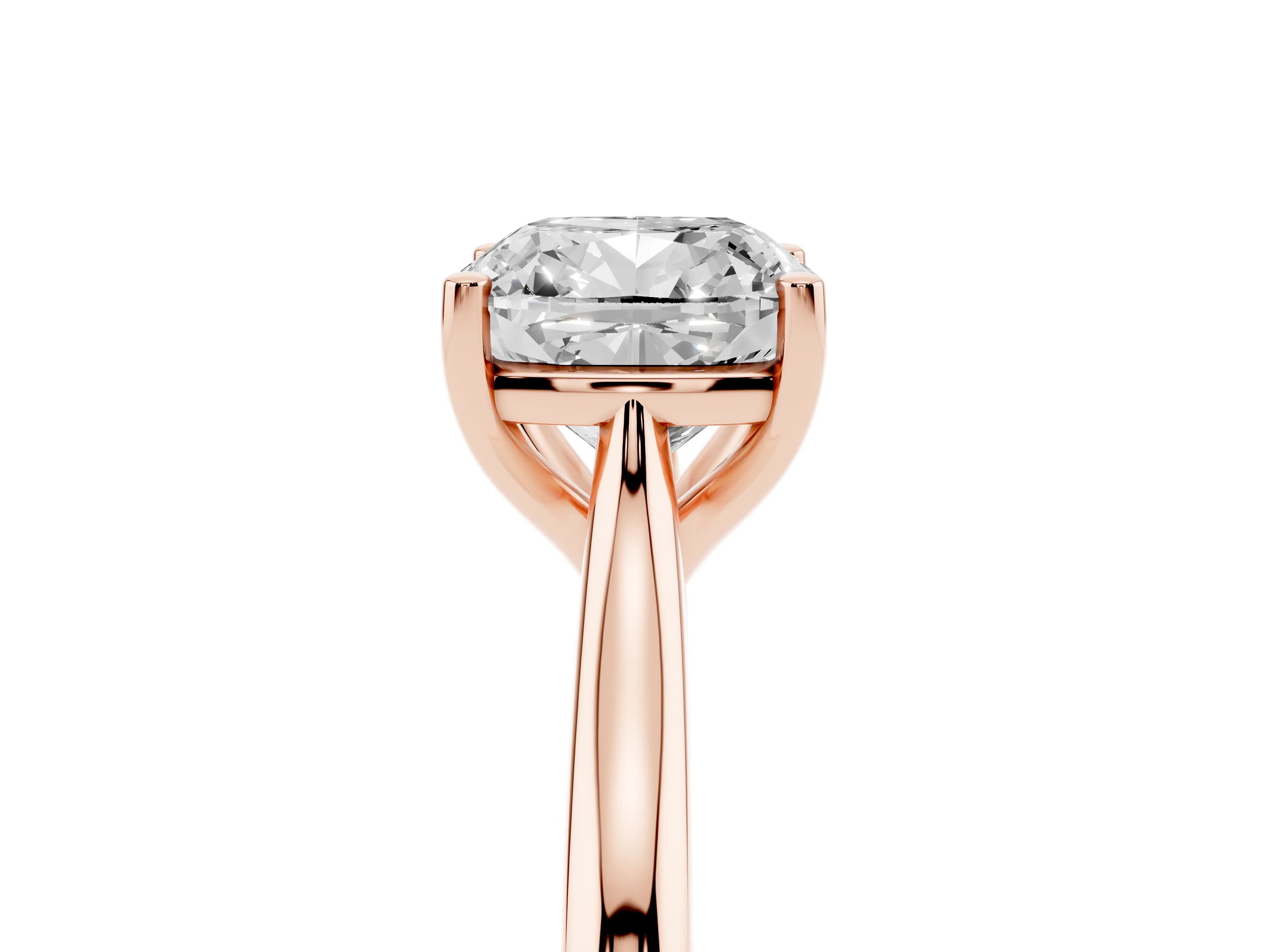 Cushion Cut Diamond Solitaire Ring Set in Rose gold with Cathedral Band and Prong Setting