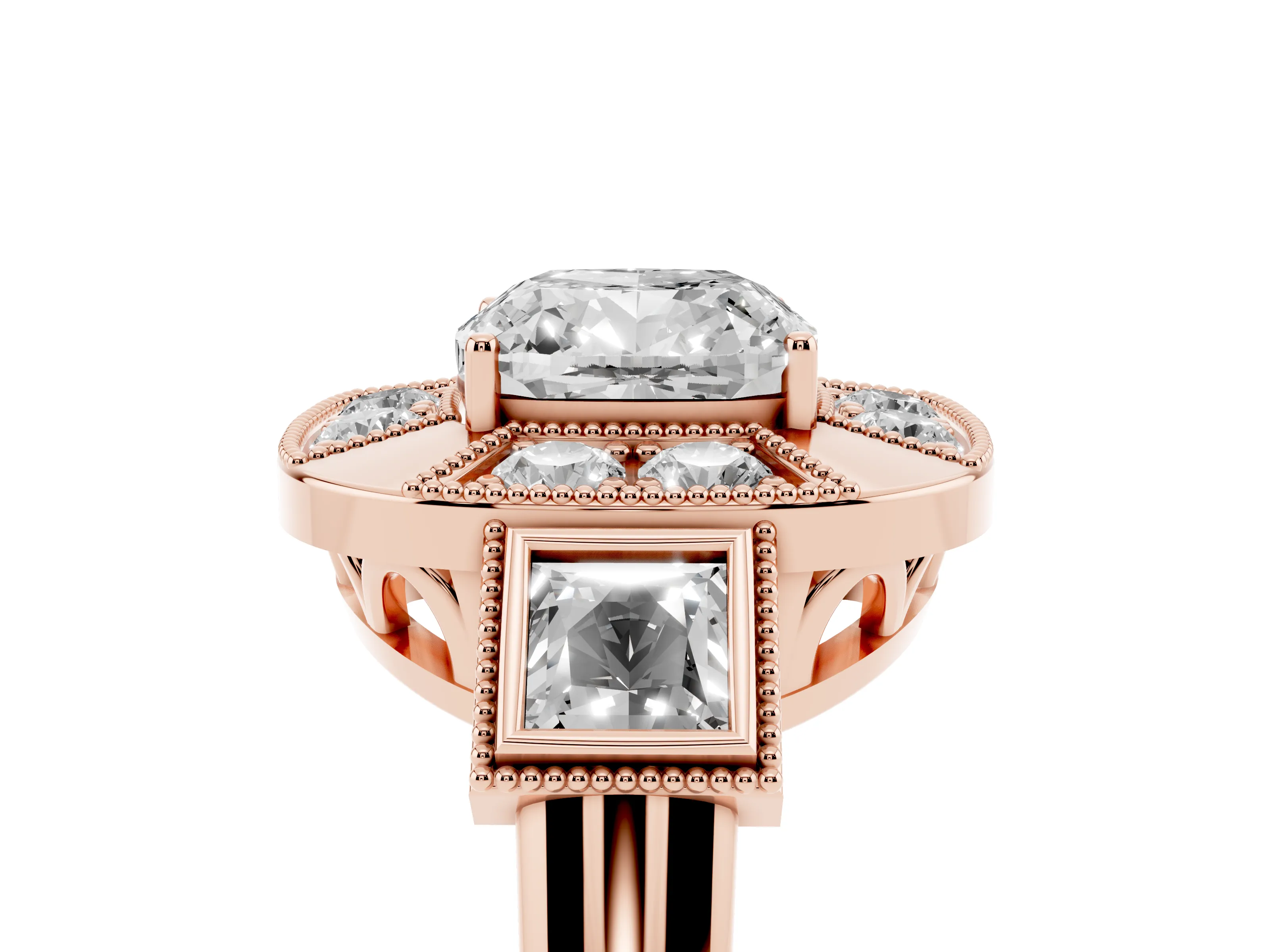 Cushion Cut Diamond Milgrain Halo Ring Set in Rose gold with Split Shank