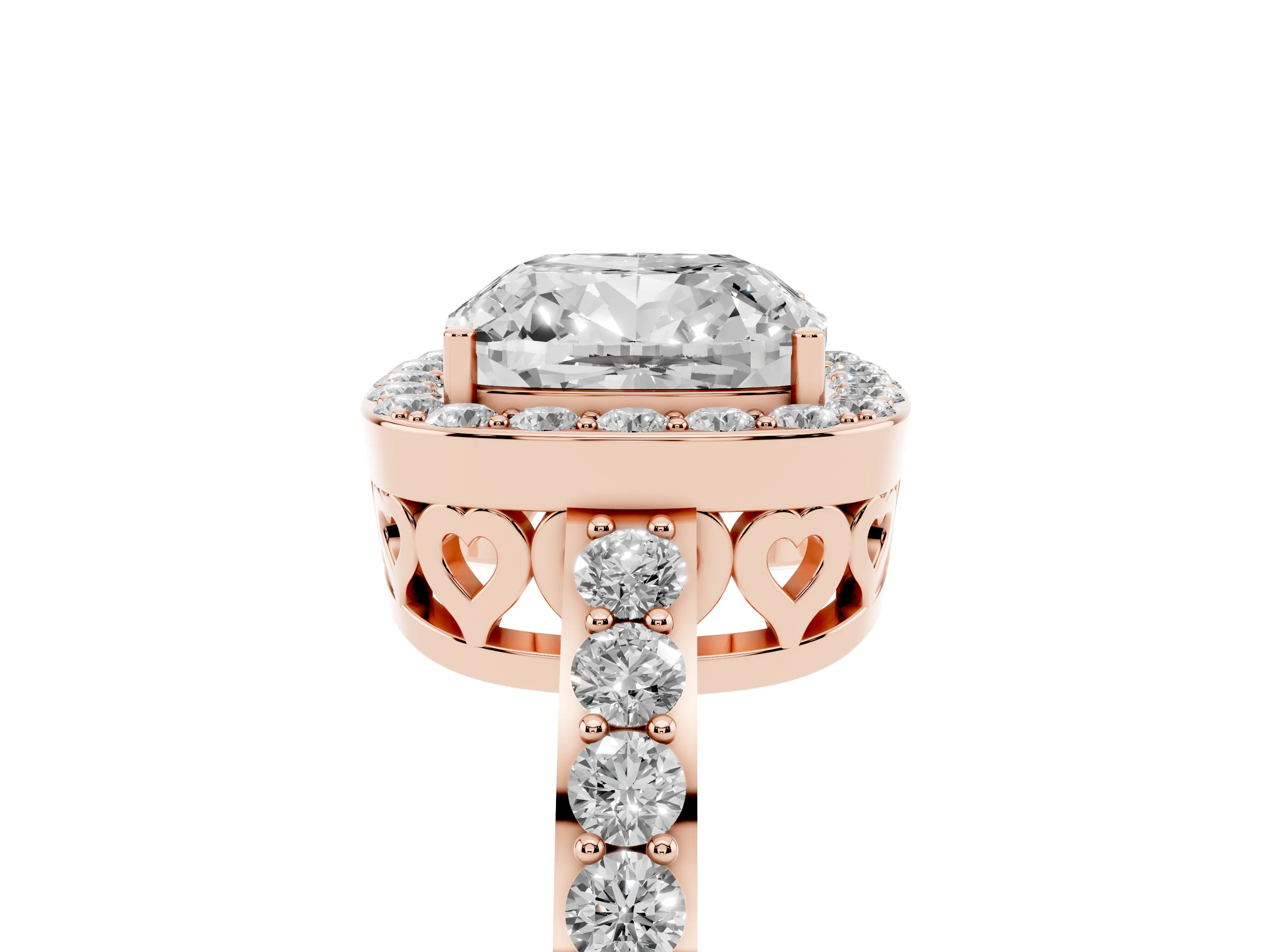 Cushion Cut Diamond Halo Ring Set in Rose gold with Pavé-Setting Band and Open Prong Center