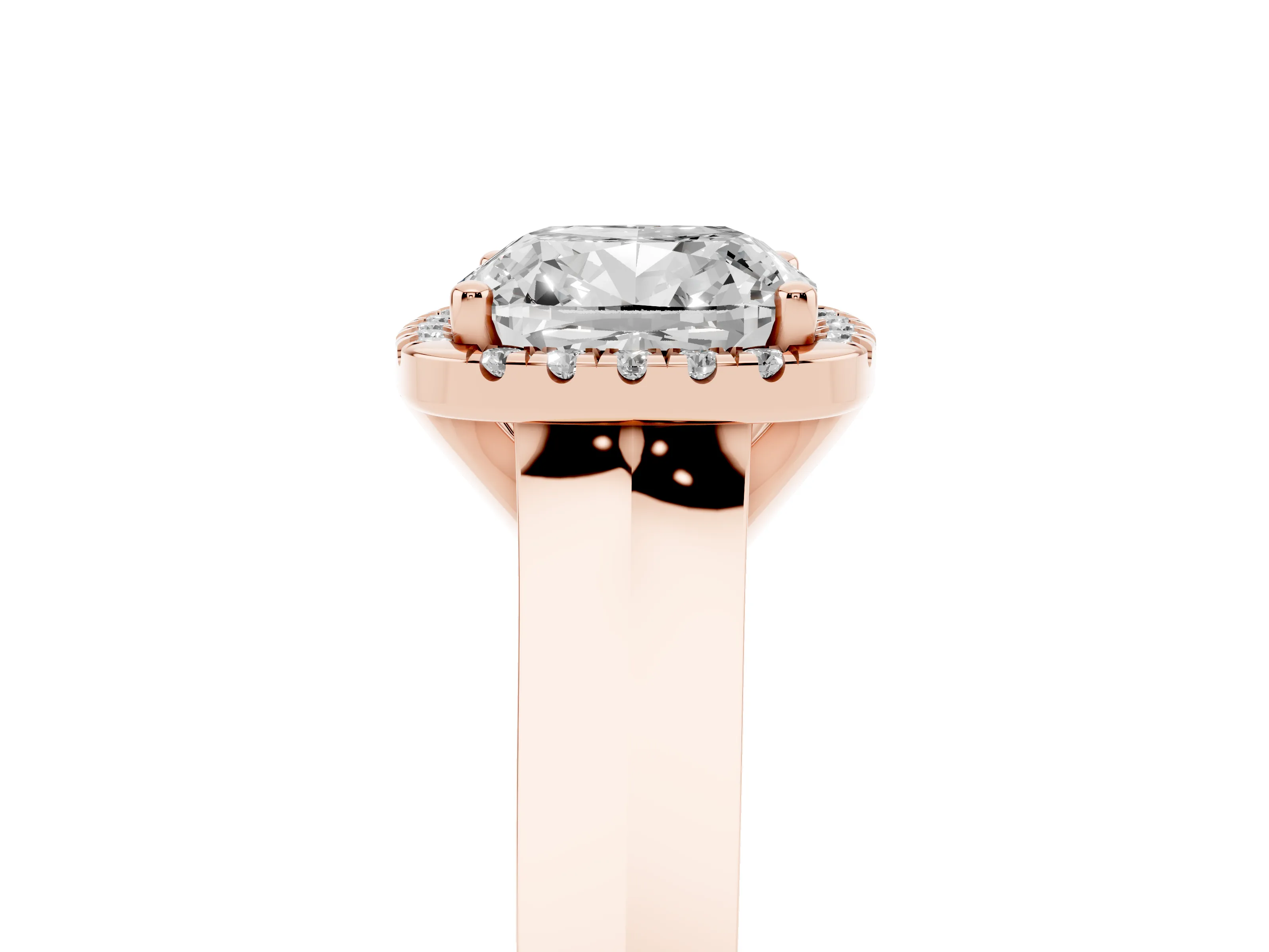 Cushion Cut Diamond Halo Ring Set in Rose gold with Cathedral Band and Prong Setting