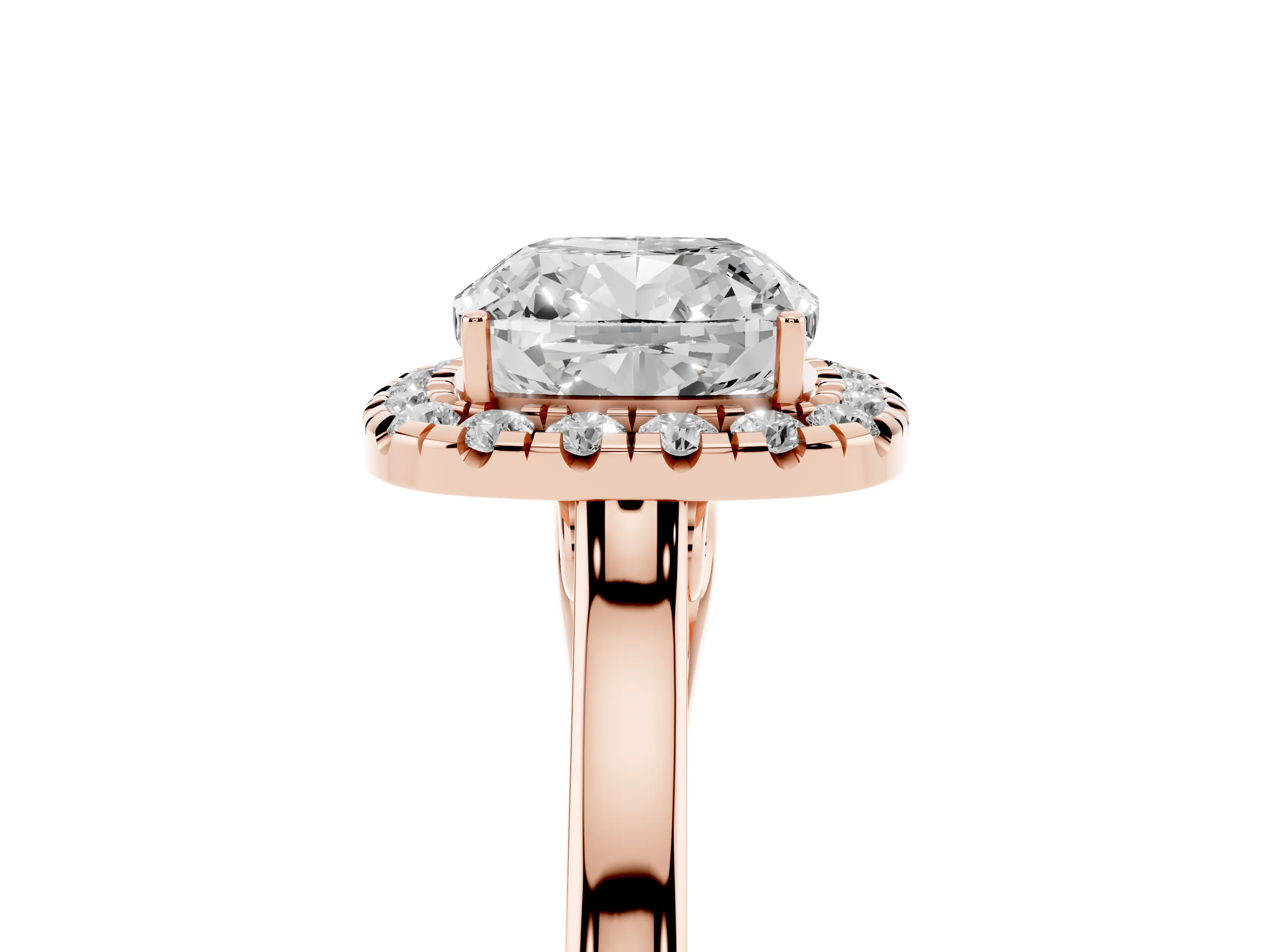 Cushion Cut Halo Round Diamond Solitaire Ring Set in Rose gold with Pavé Band and Prong Setting