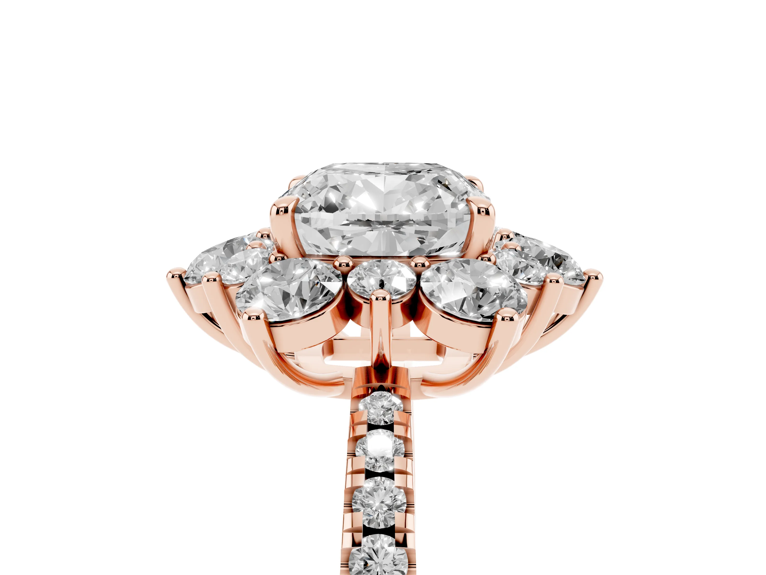 Cushion Cut Diamond Floral Halo Ring Set in Rose gold with Round Pavé Band and Prong Setting