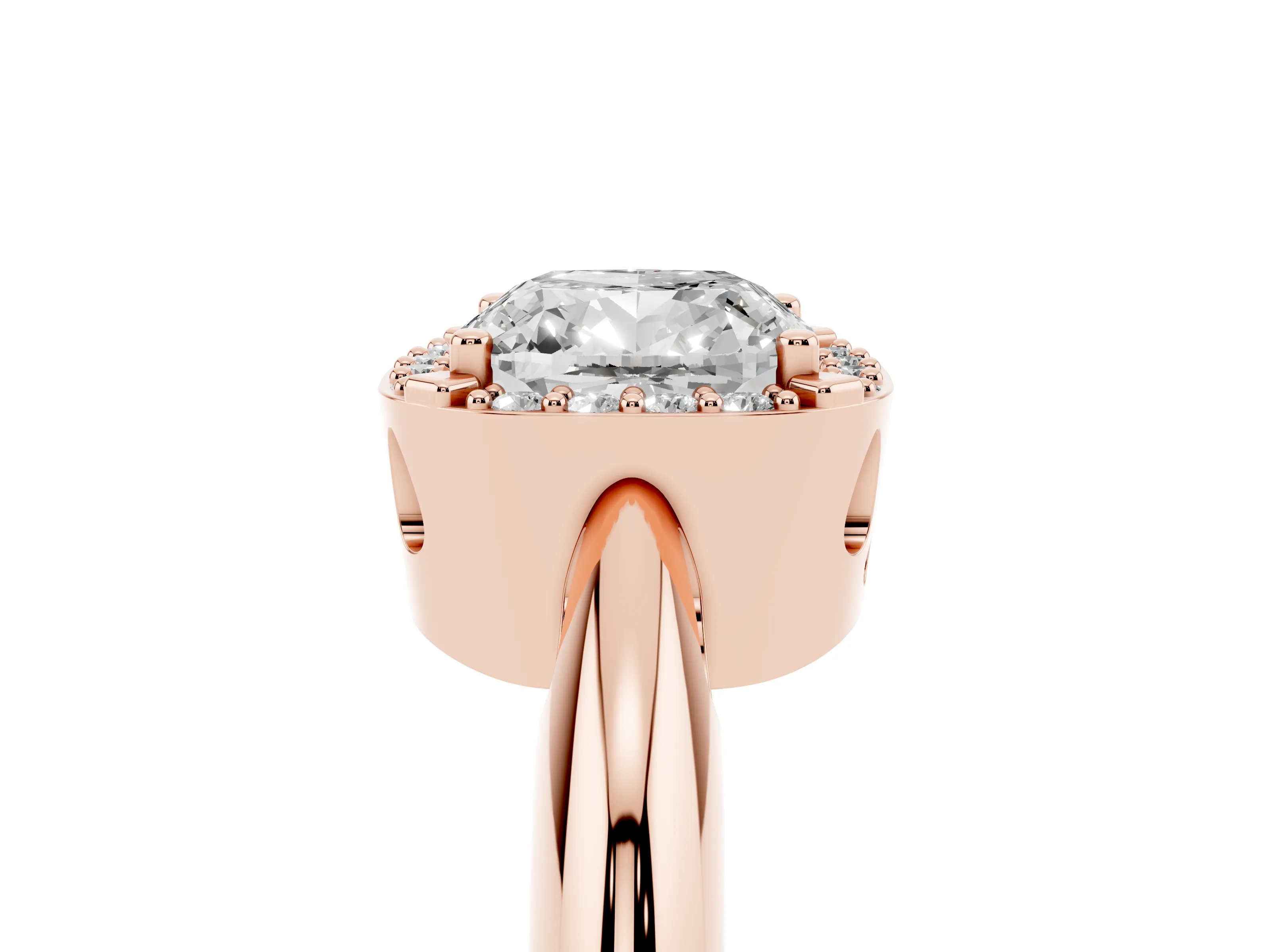 Cushion Cut Diamond Halo Engagement Ring Set in Rose gold with Plain Split Shank and Prong Setting