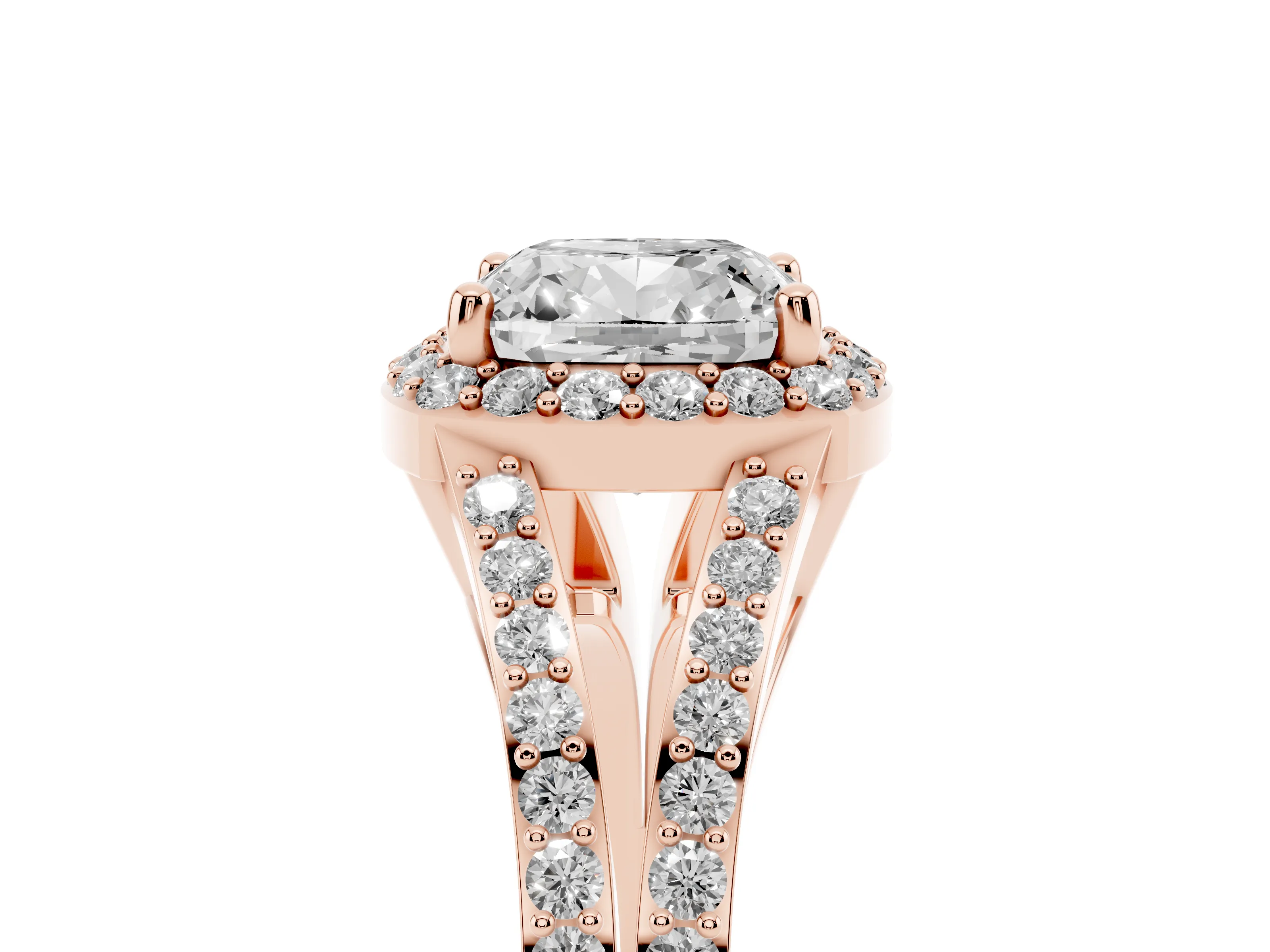 Cushion Cut Diamond Halo Split Shank Ring Set in Rose gold with Accent Stones and Prong Setting