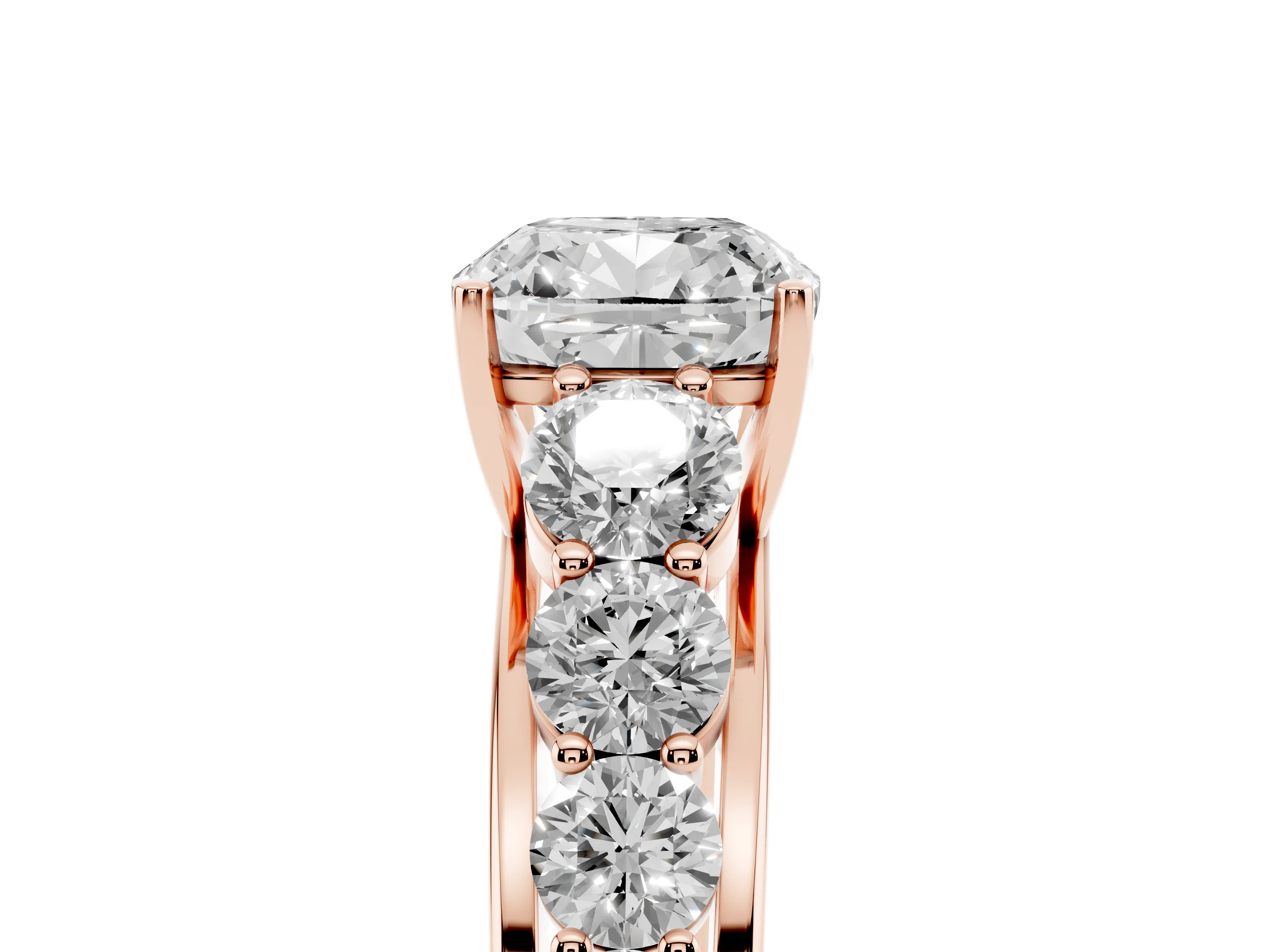 Cushion Cut Diamond Solitaire Ring Set in Rose gold with Pavé-Set Band and Prong Setting