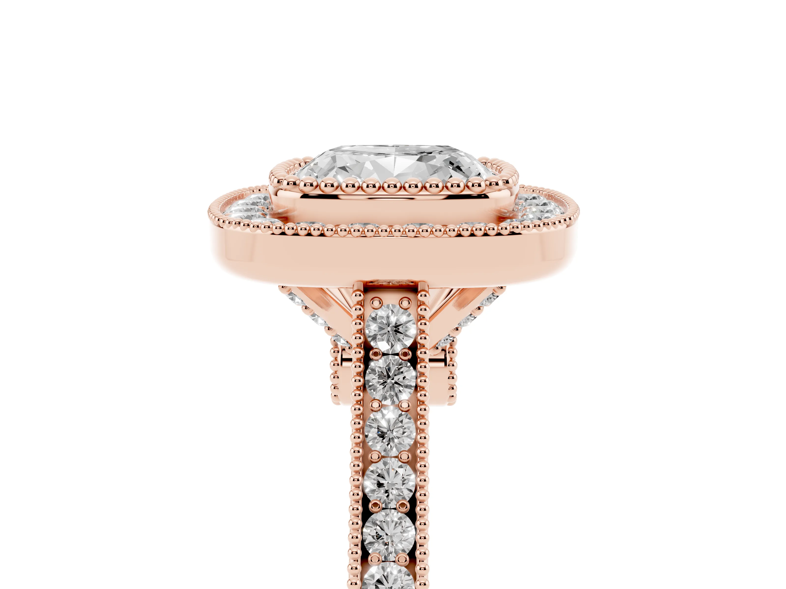 Cushion Cut Diamond Halo Ring Set in Rose gold with Milgrain Frame and Pavé Band