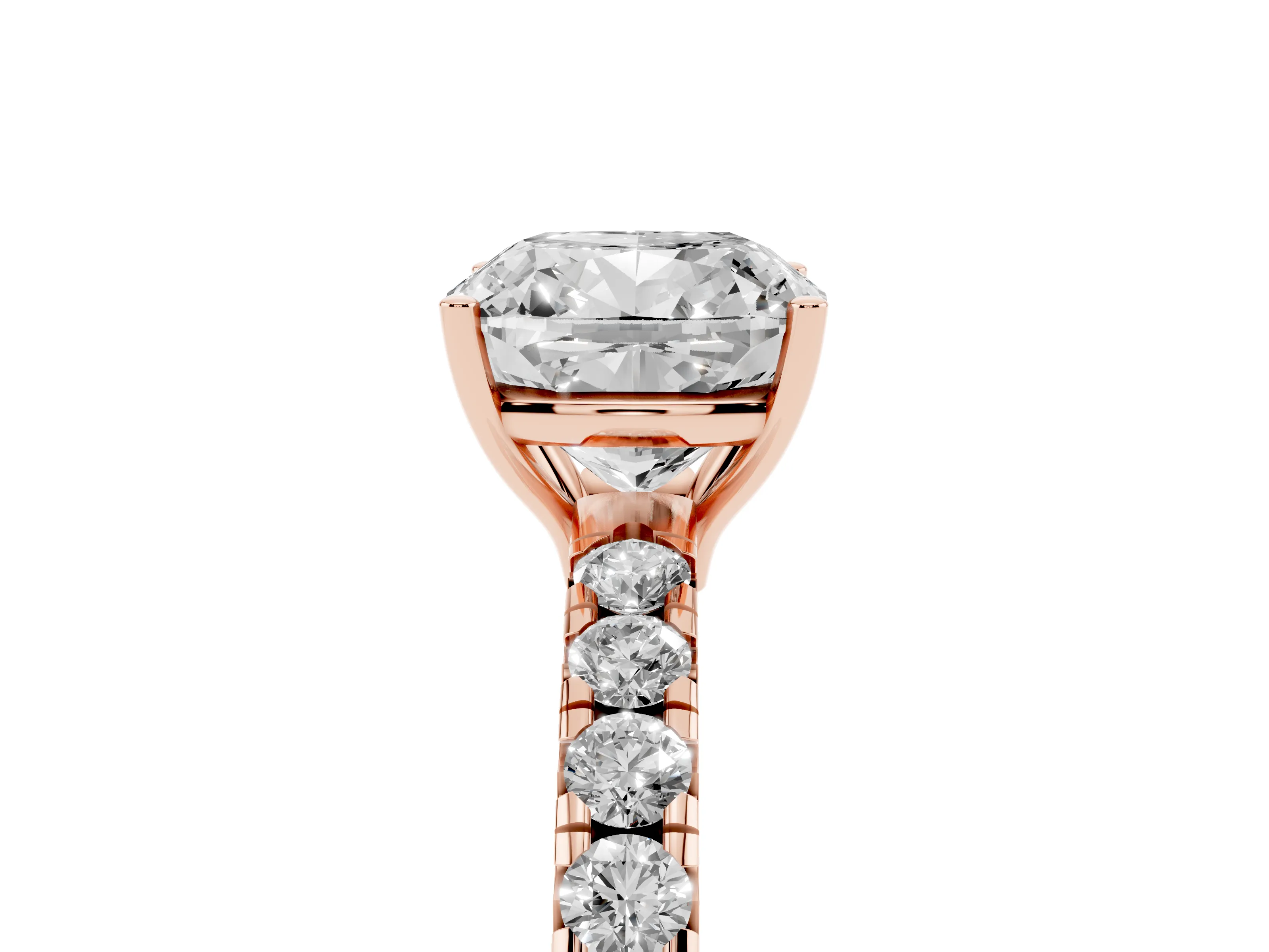 Cushion Cut Diamond Pavé Solitaire Engagement Ring Set in Rose gold with Prong Setting