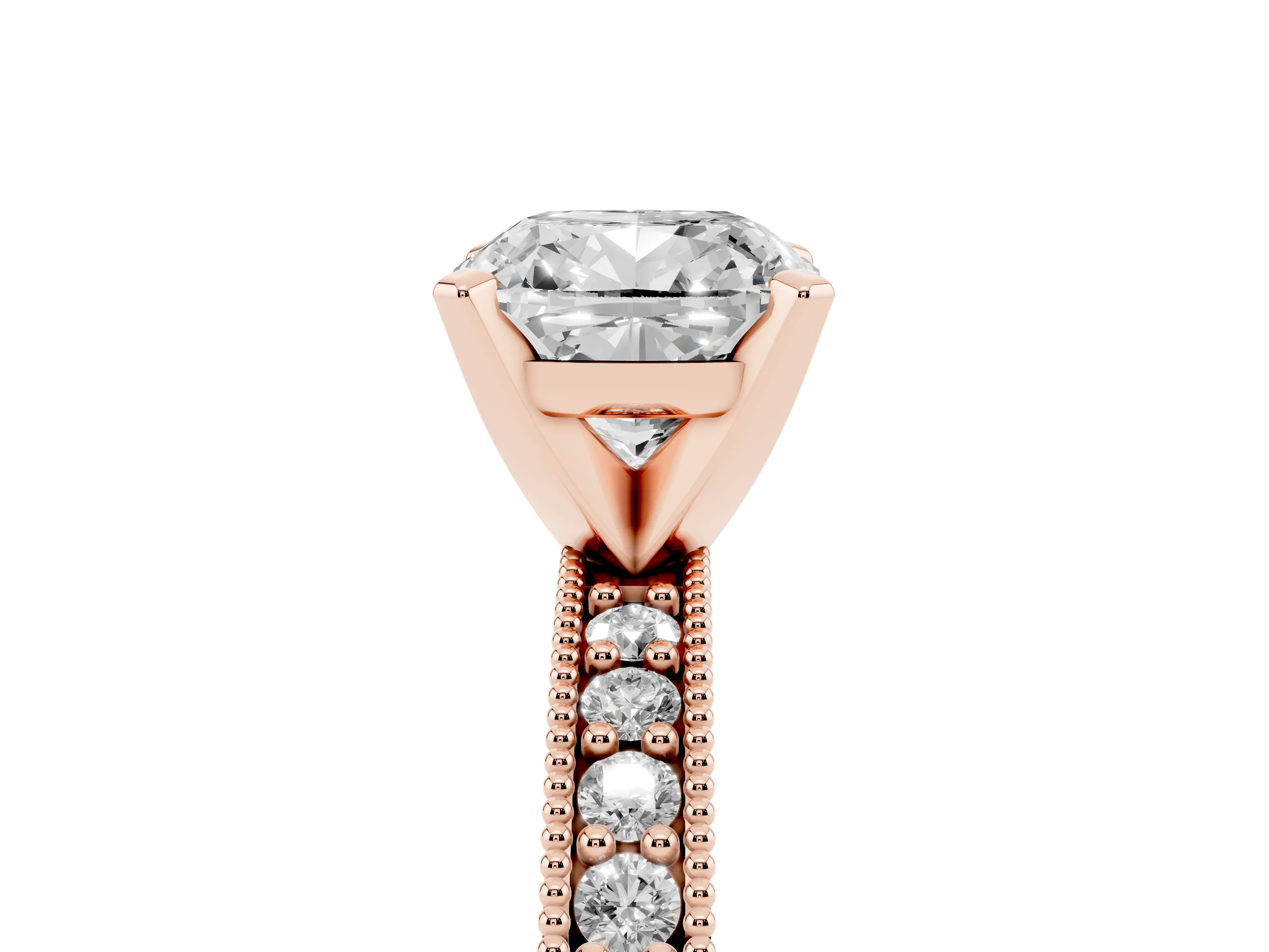 Cushion Cut Diamond Milgrain Pavé Engagement Ring Set in Rose gold with Prong Setting