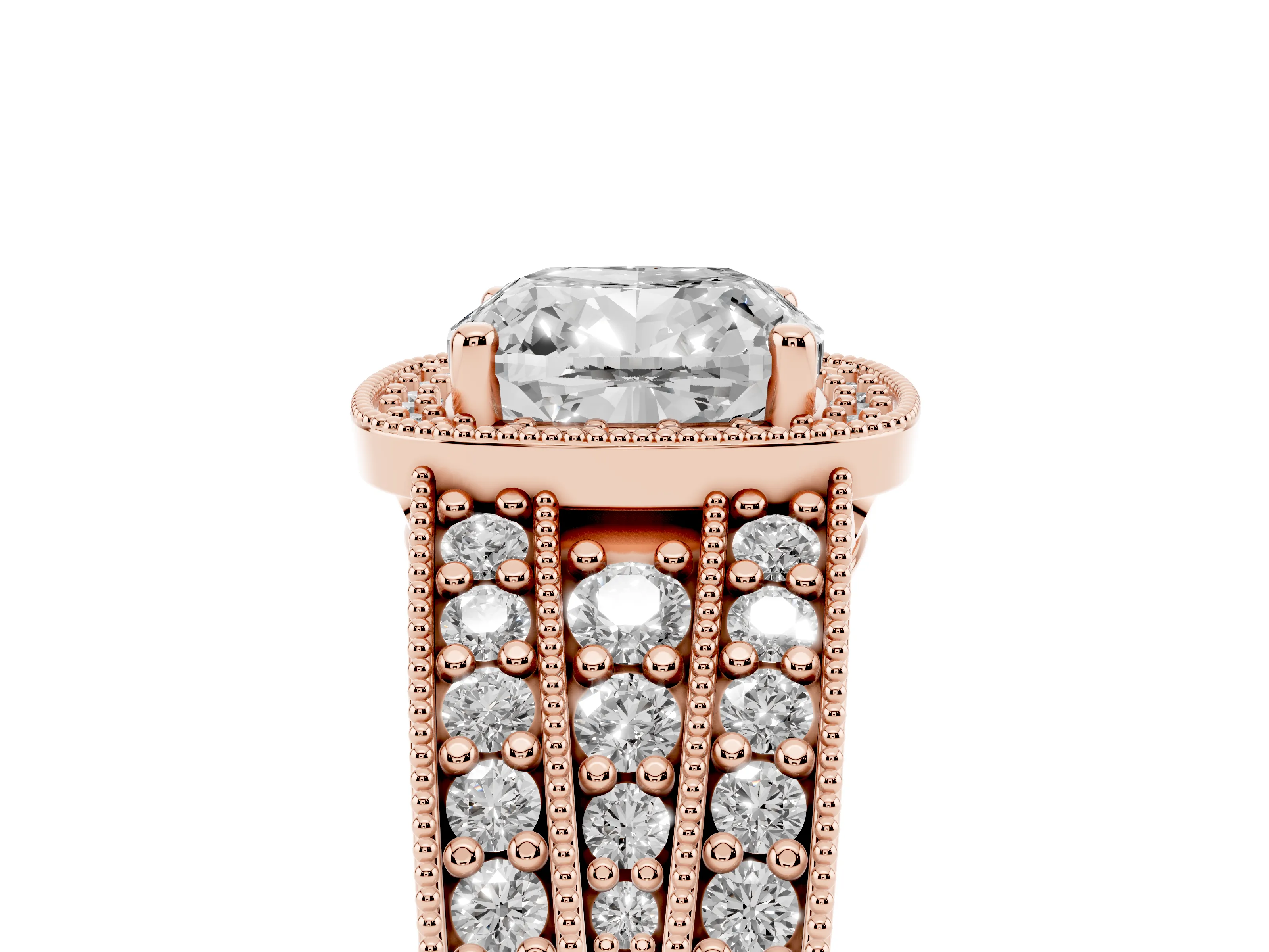 Cushion Cut Diamond Halo Ring Set in Rose gold with Accent Split Shank and Prong Setting