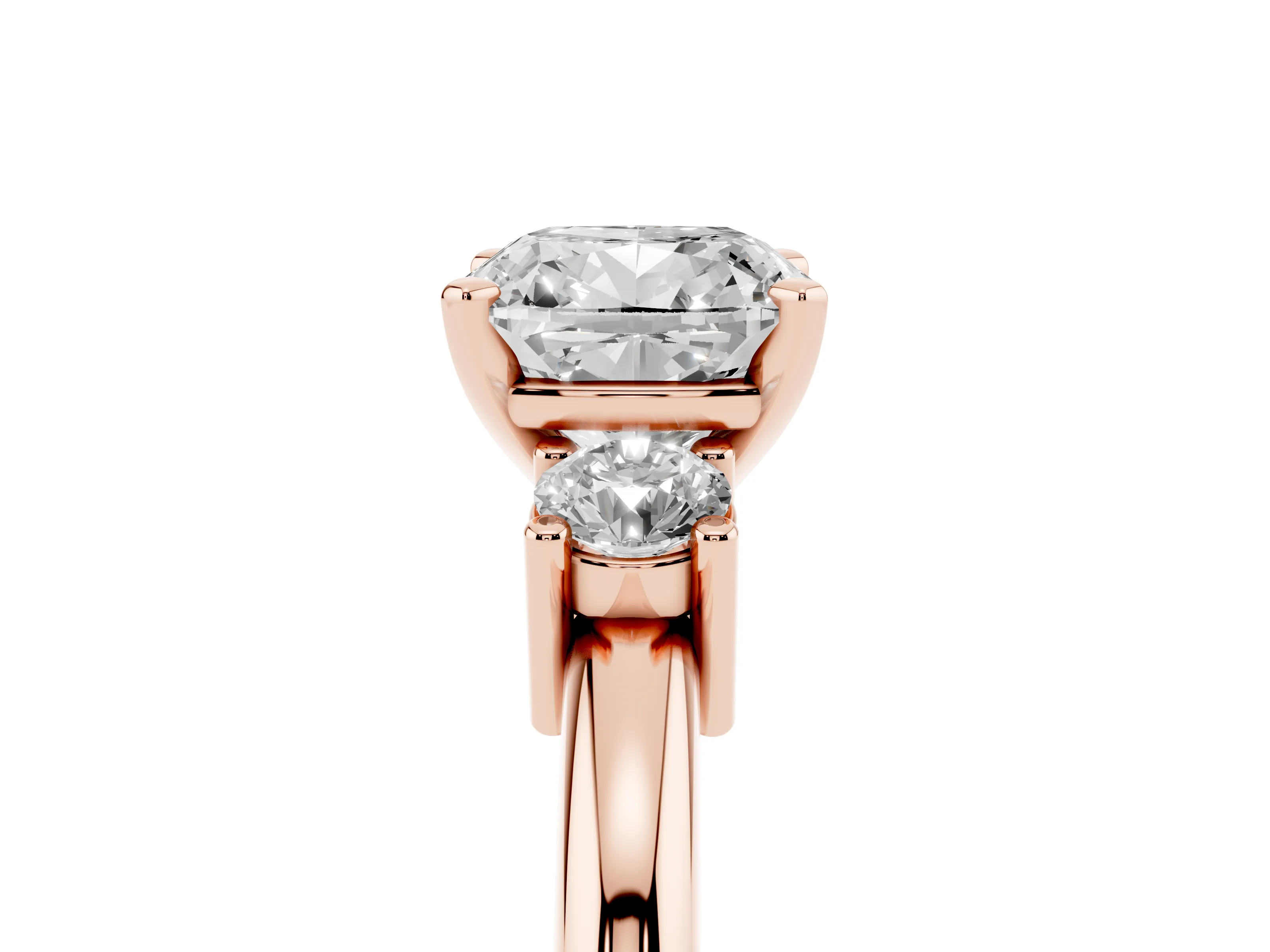 Three-Stone Cushion Cut Diamond Ring Set in Rose gold with Prong Setting and Plain Band