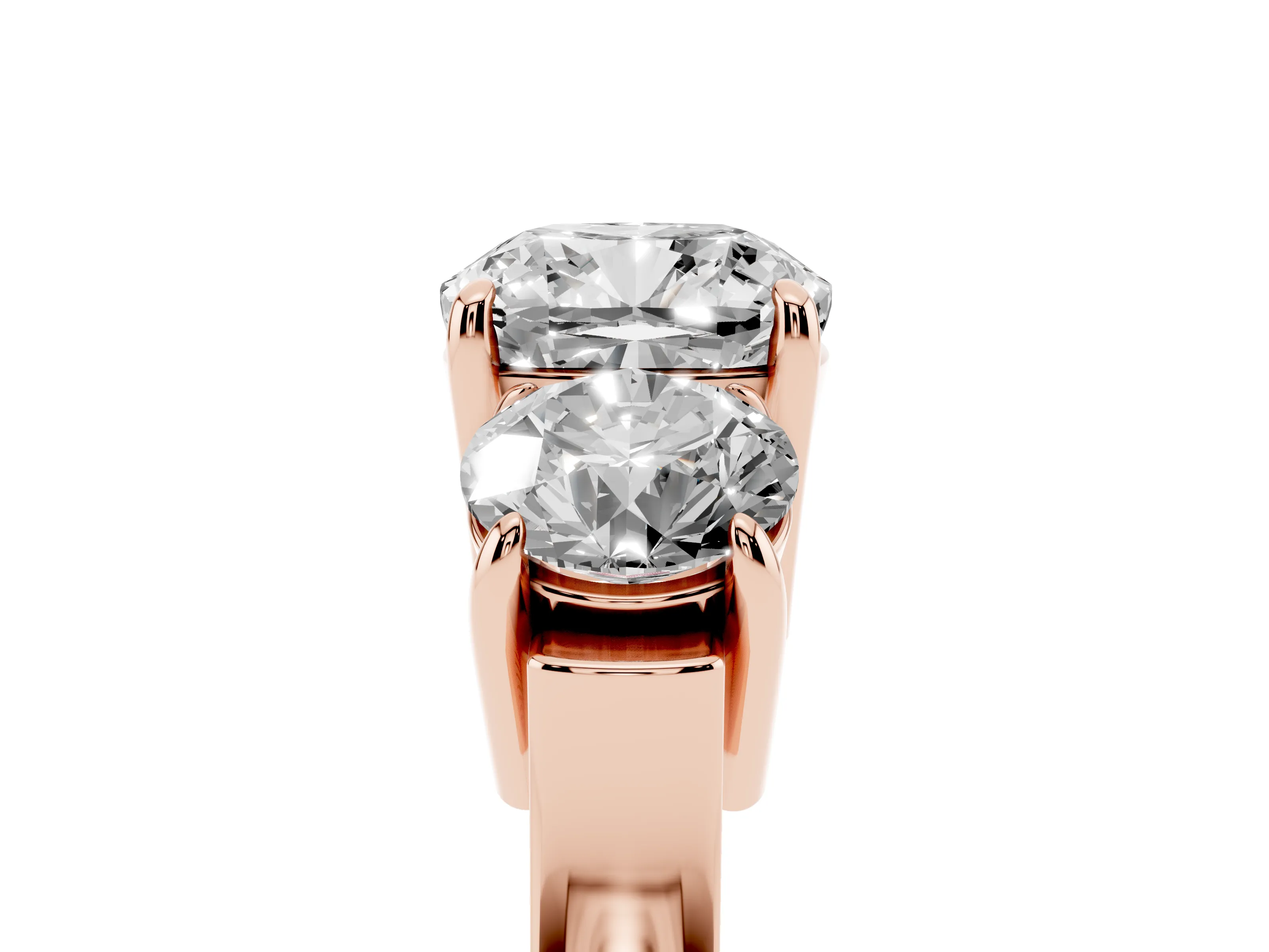 Cushion Cut Diamond Three-Stone Ring Set in Rose gold with Round Accent Stones and Plain Band