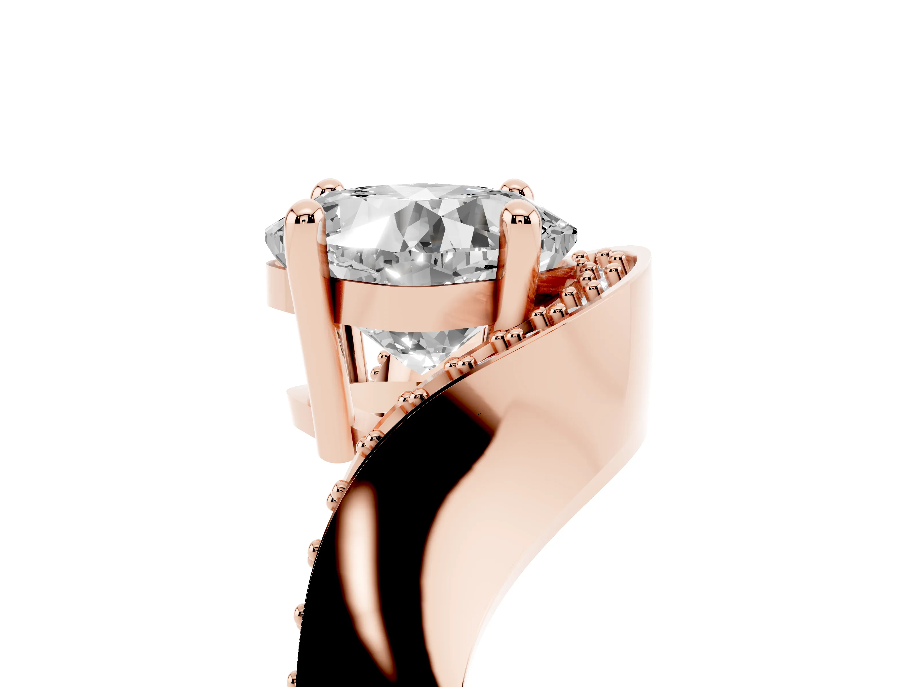 Cushion Cut Diamond Solitaire Engagement Ring Set in Rose gold with Pavé Shoulders