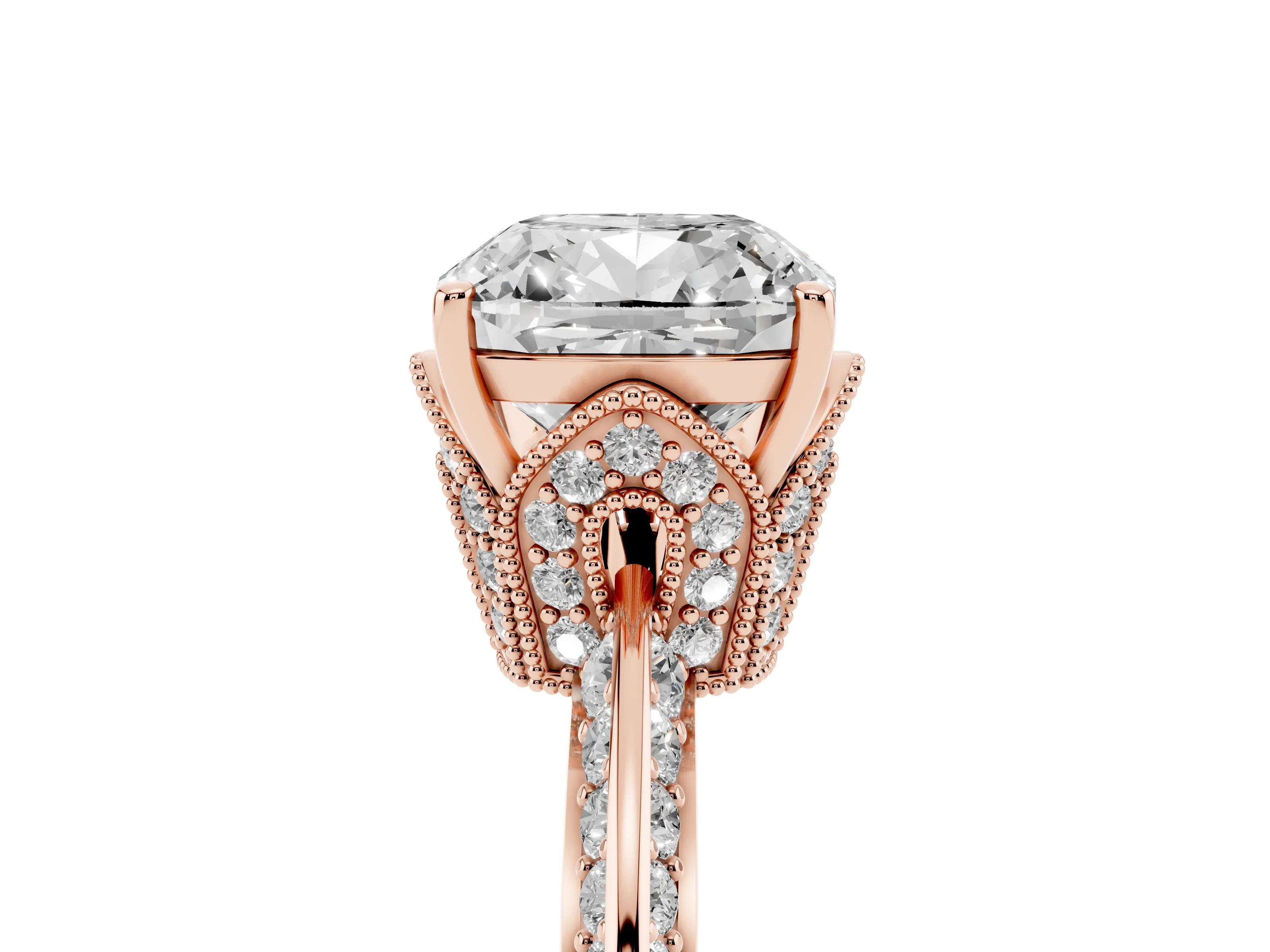 Cushion Cut Diamond Solitaire Engagement Ring Set in Rose gold with Pavé Split Shank and Prong Setting