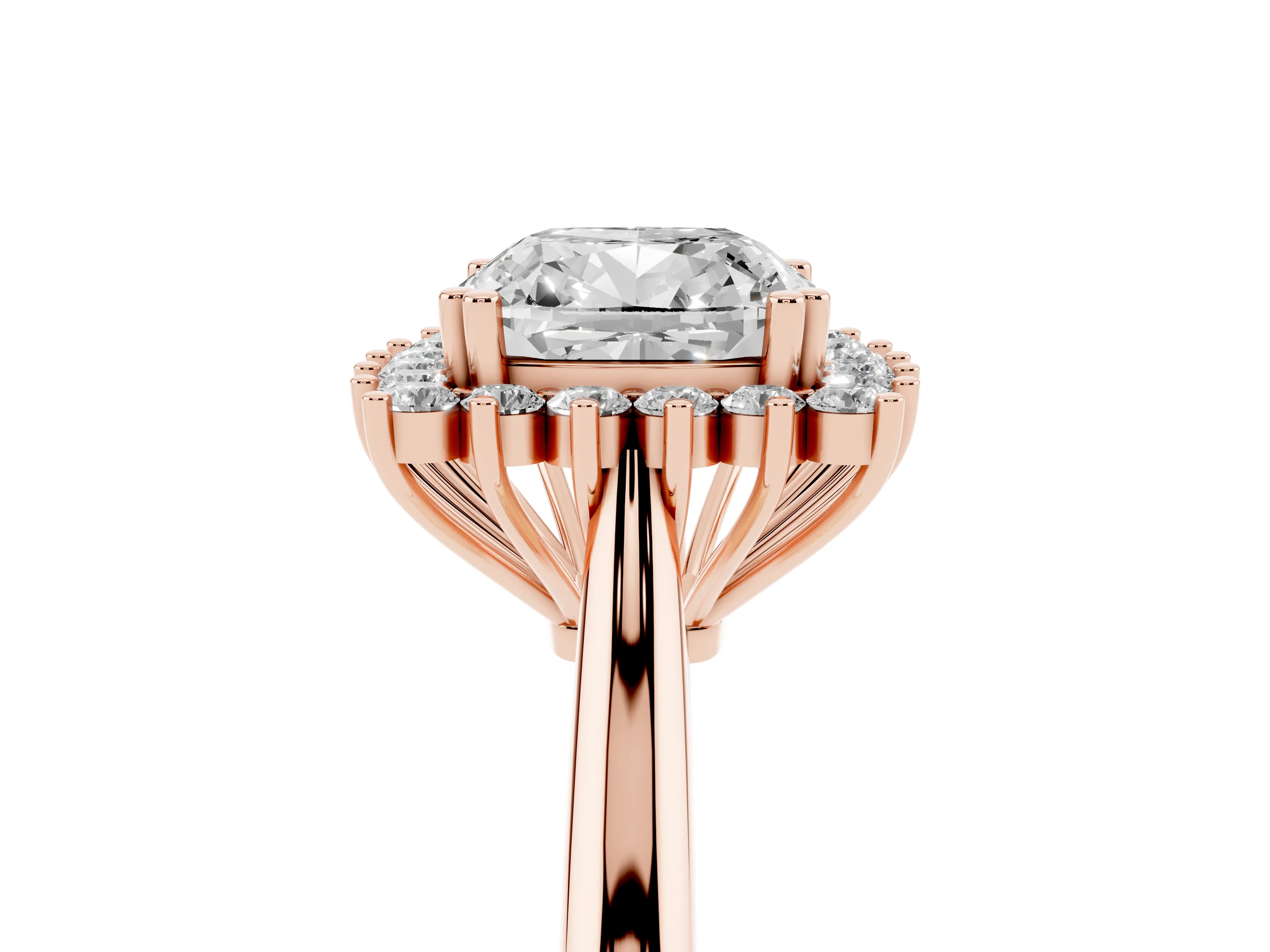 Cushion Cut Diamond Halo Ring Set in Rose gold with Plain Solitaire Band and Prong Setting